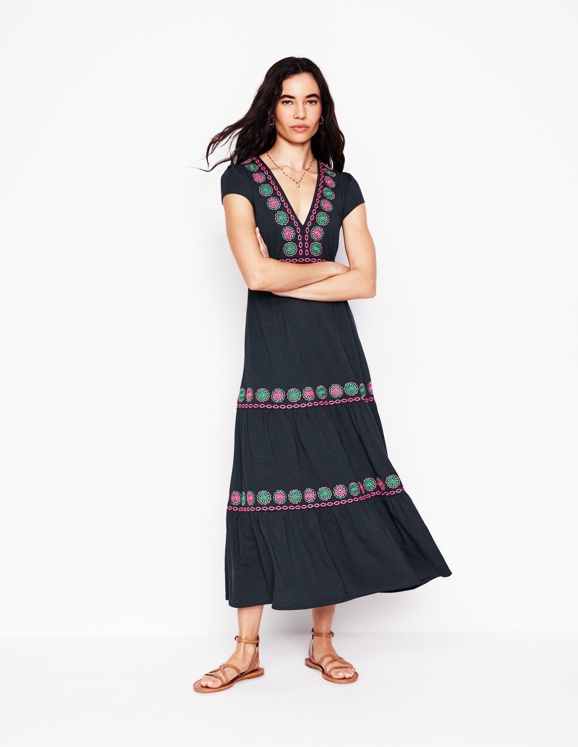 Eloise Embroidered Midi Dress-Navy - Image 1