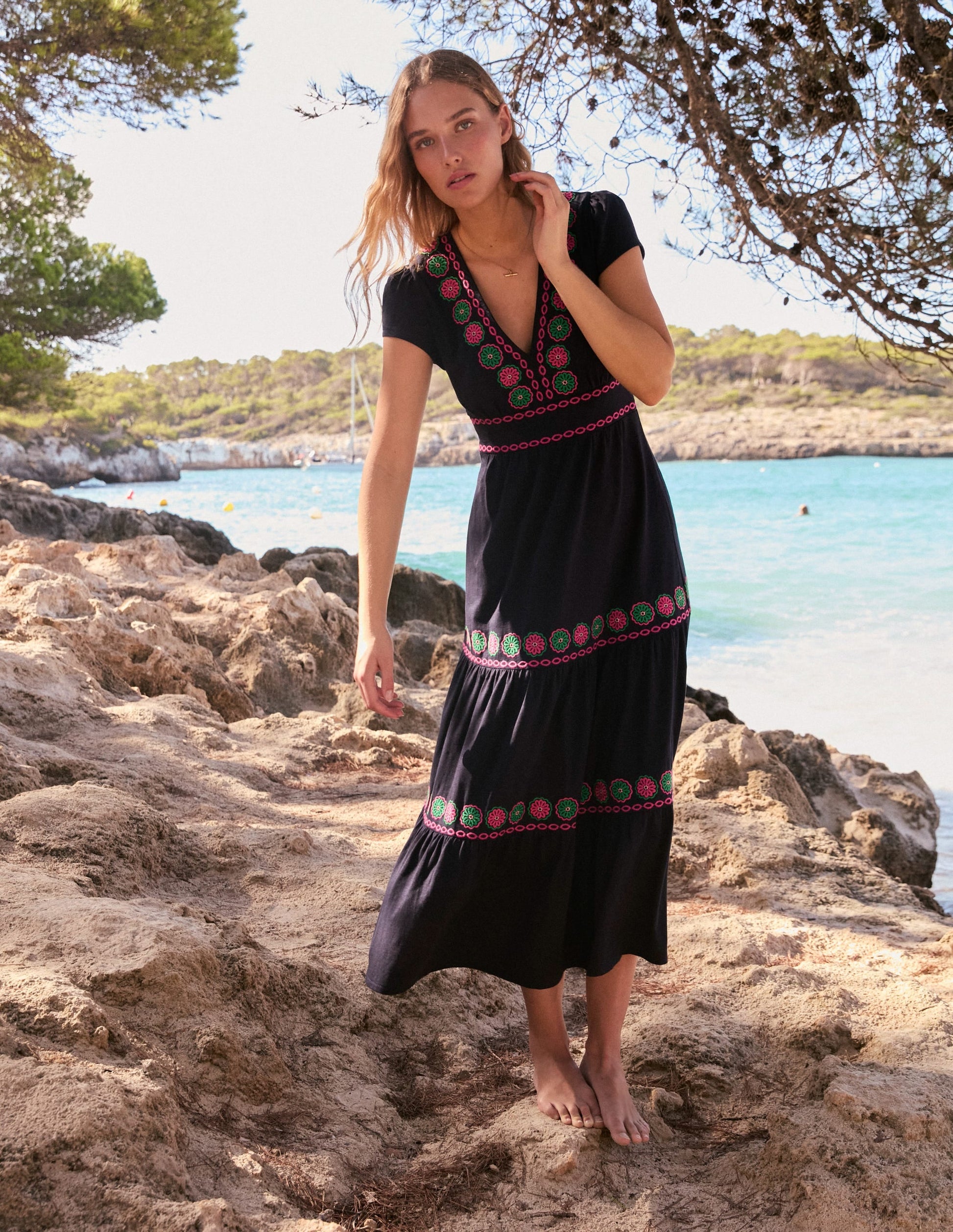 Eloise Embroidered Midi Dress-Navy-2