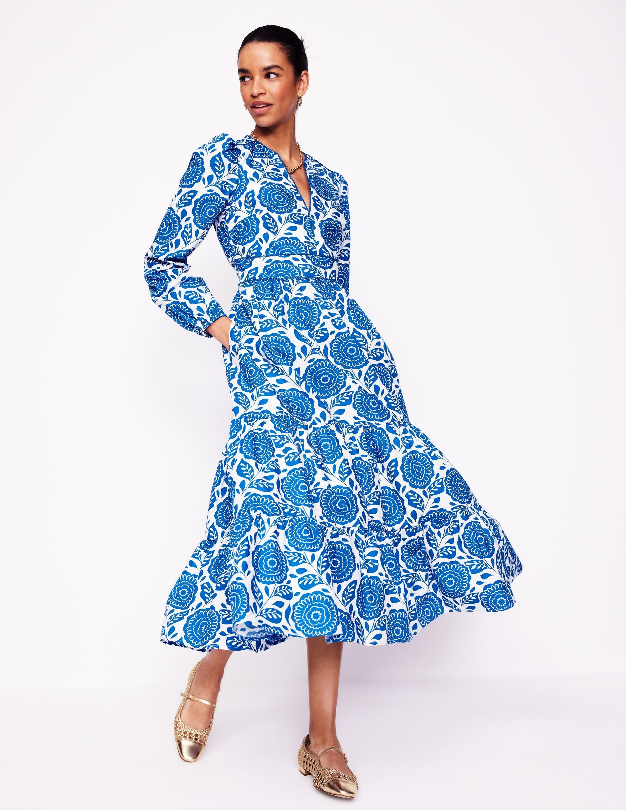 Violet Cotton Midi Dress-Gallery Blue, Dahlia Stamp - Image 1