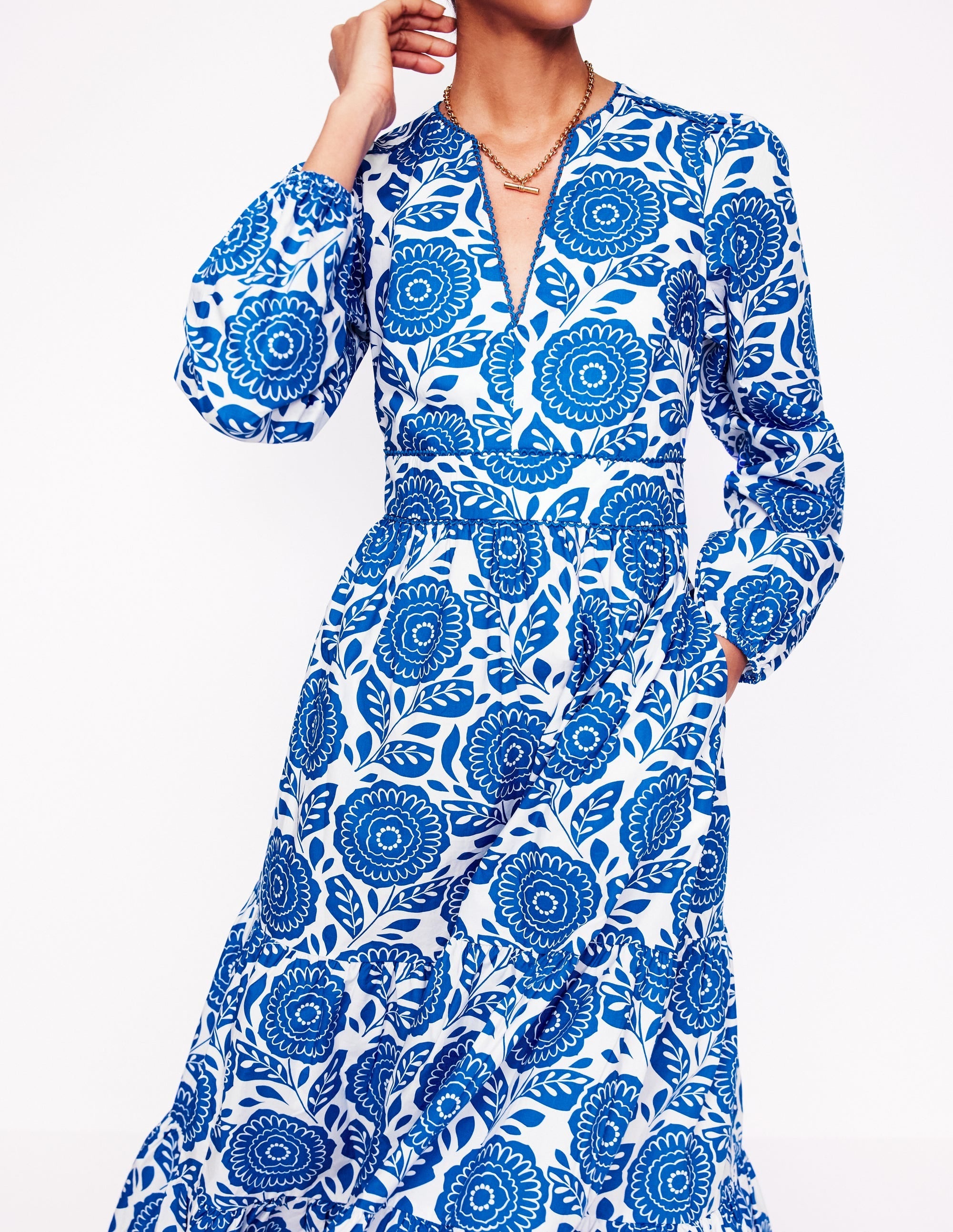 Violet Cotton Midi Dress-Gallery Blue, Dahlia Stamp - Image 2