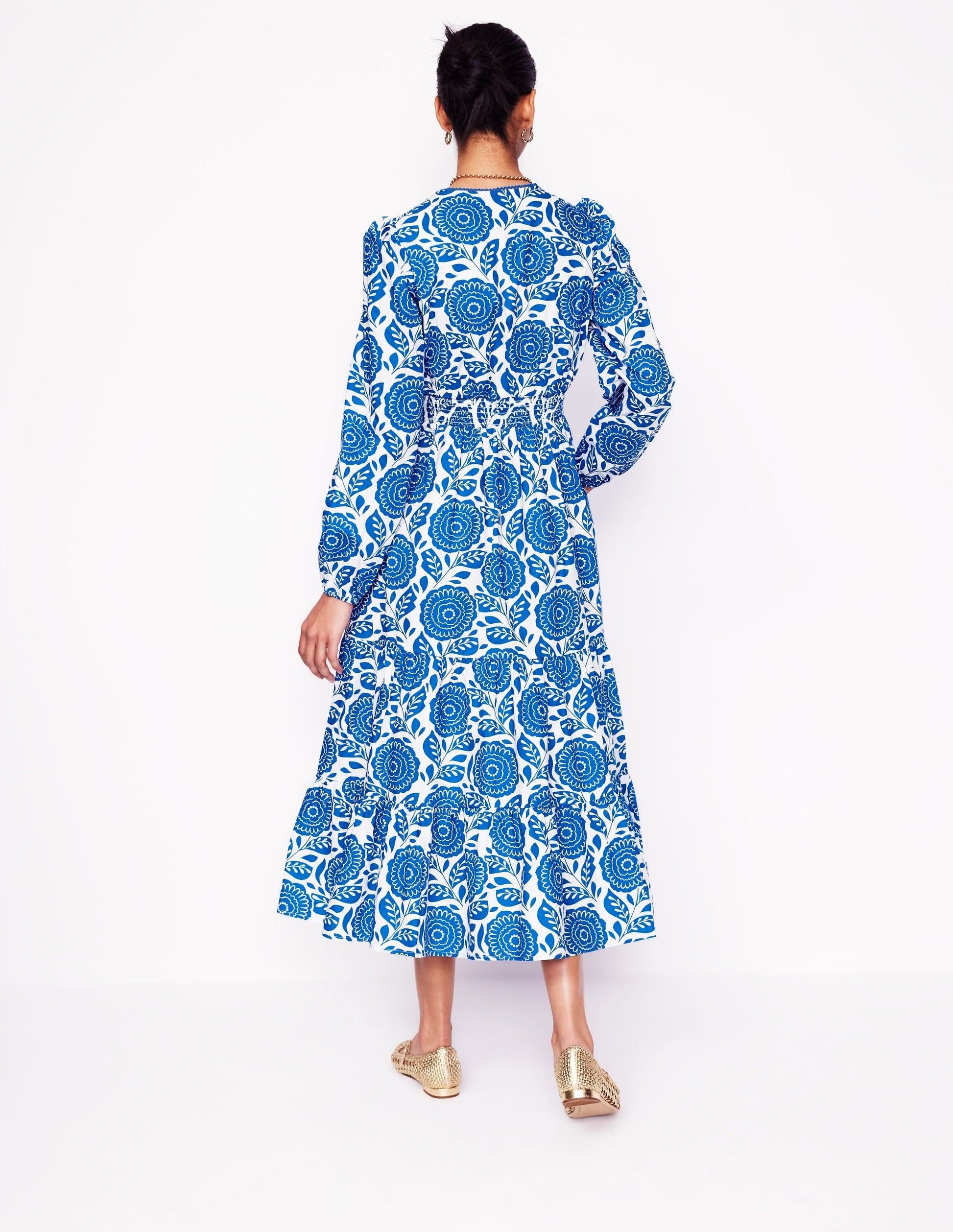 Violet Cotton Midi Dress-Gallery Blue, Dahlia Stamp-3