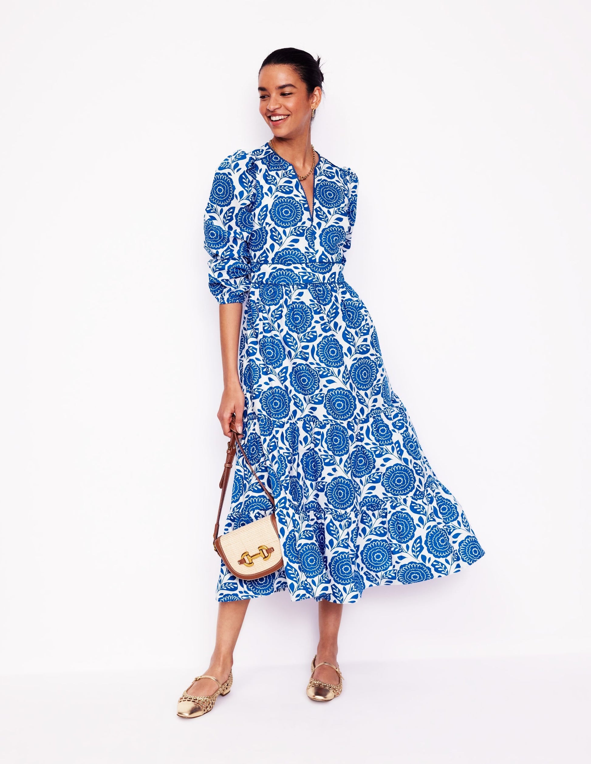 Violet Cotton Midi Dress-Gallery Blue, Dahlia Stamp-4