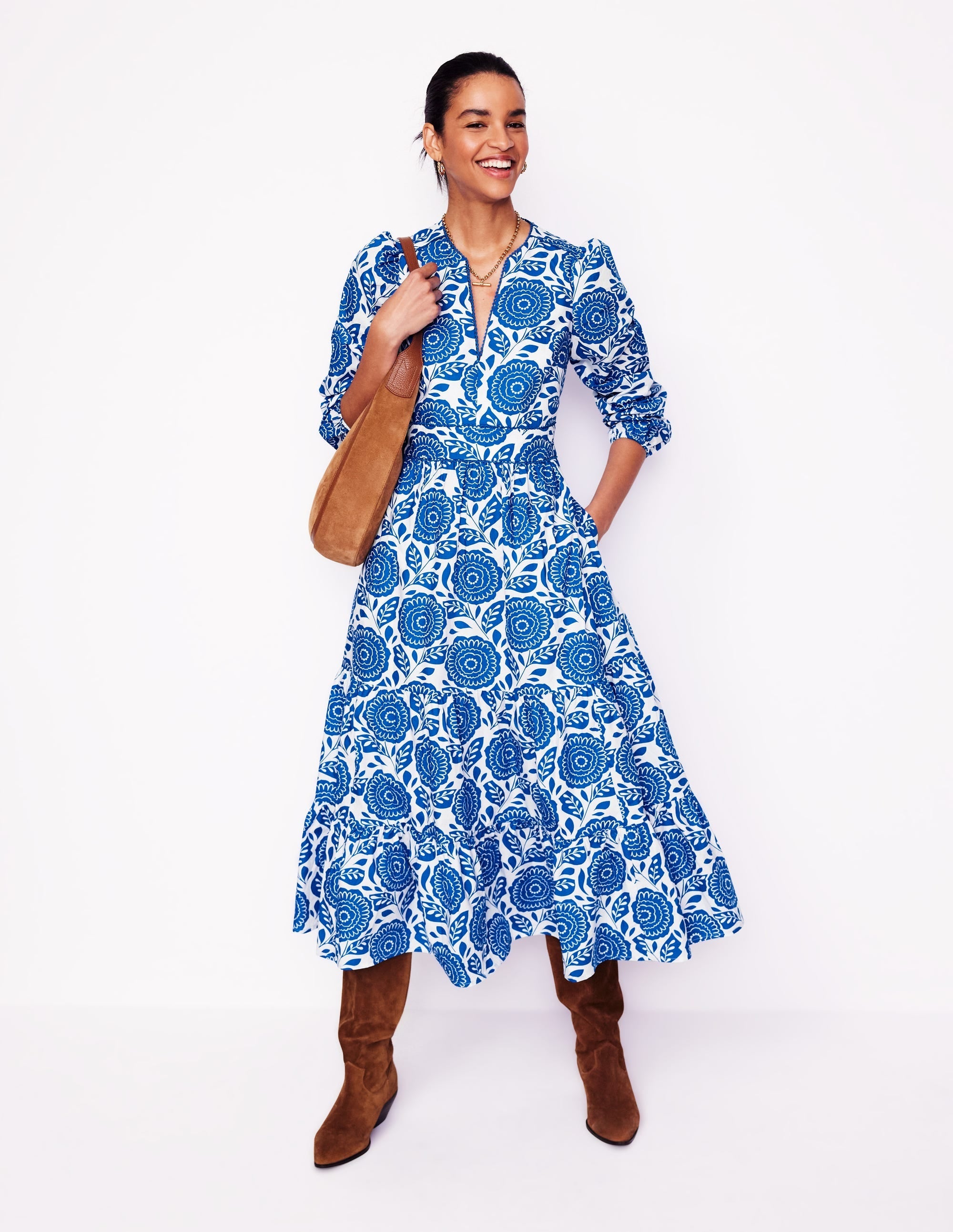 Violet Cotton Midi Dress-Gallery Blue, Dahlia Stamp - Image 5
