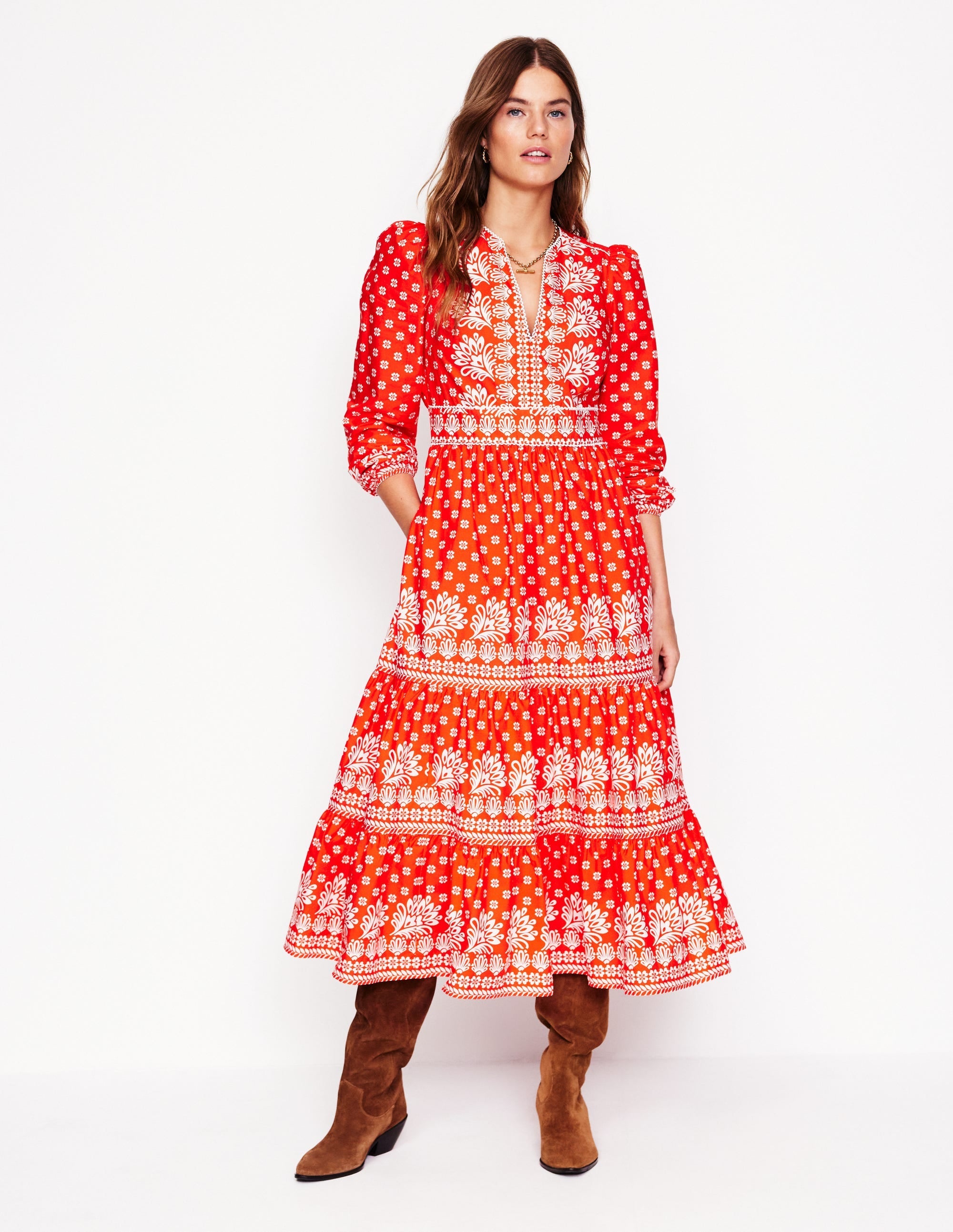 Violet Cotton Midi Dress-Firecracker Red, Palm Flora - Image 1