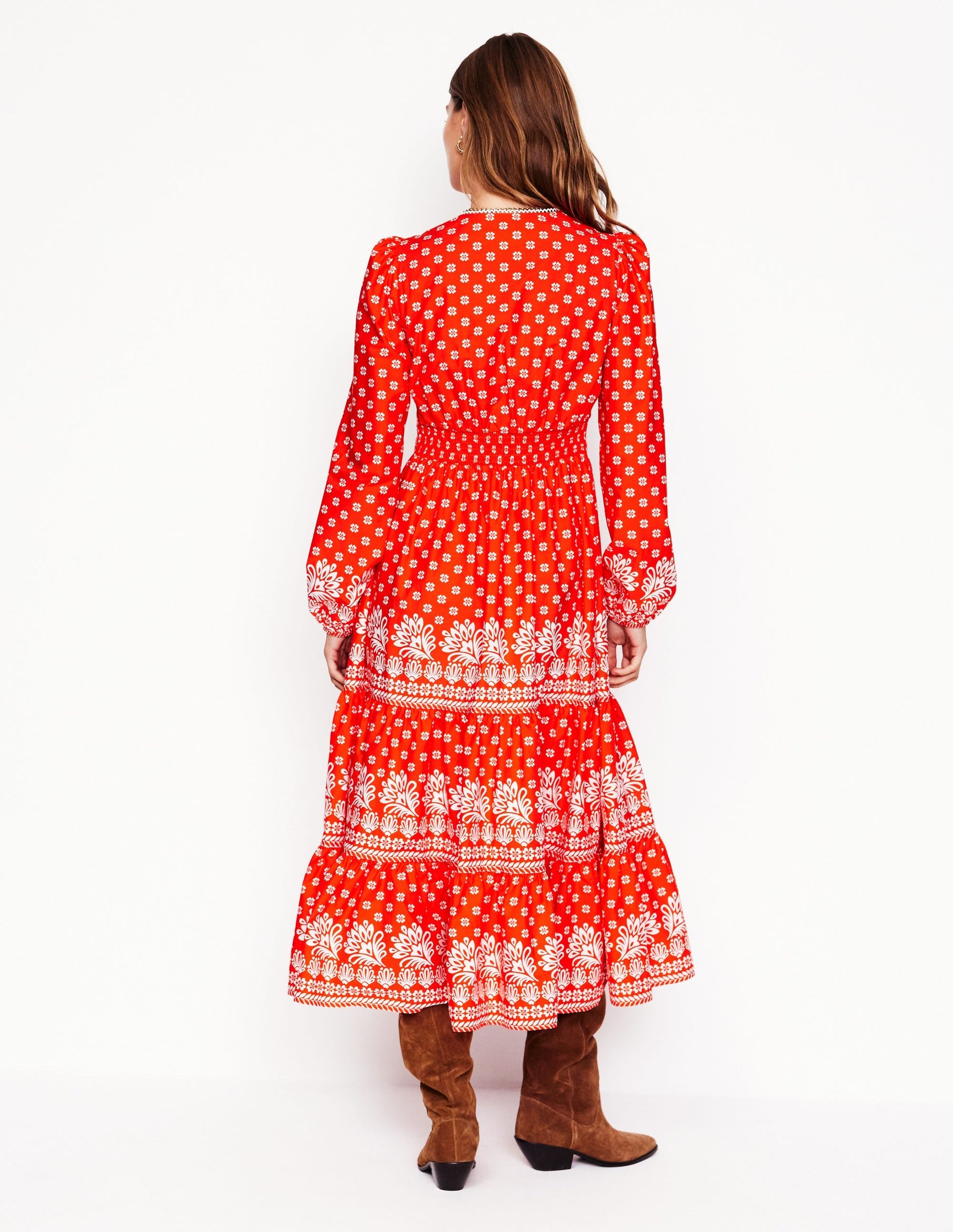 Violet Cotton Midi Dress-Firecracker Red, Palm Flora-4