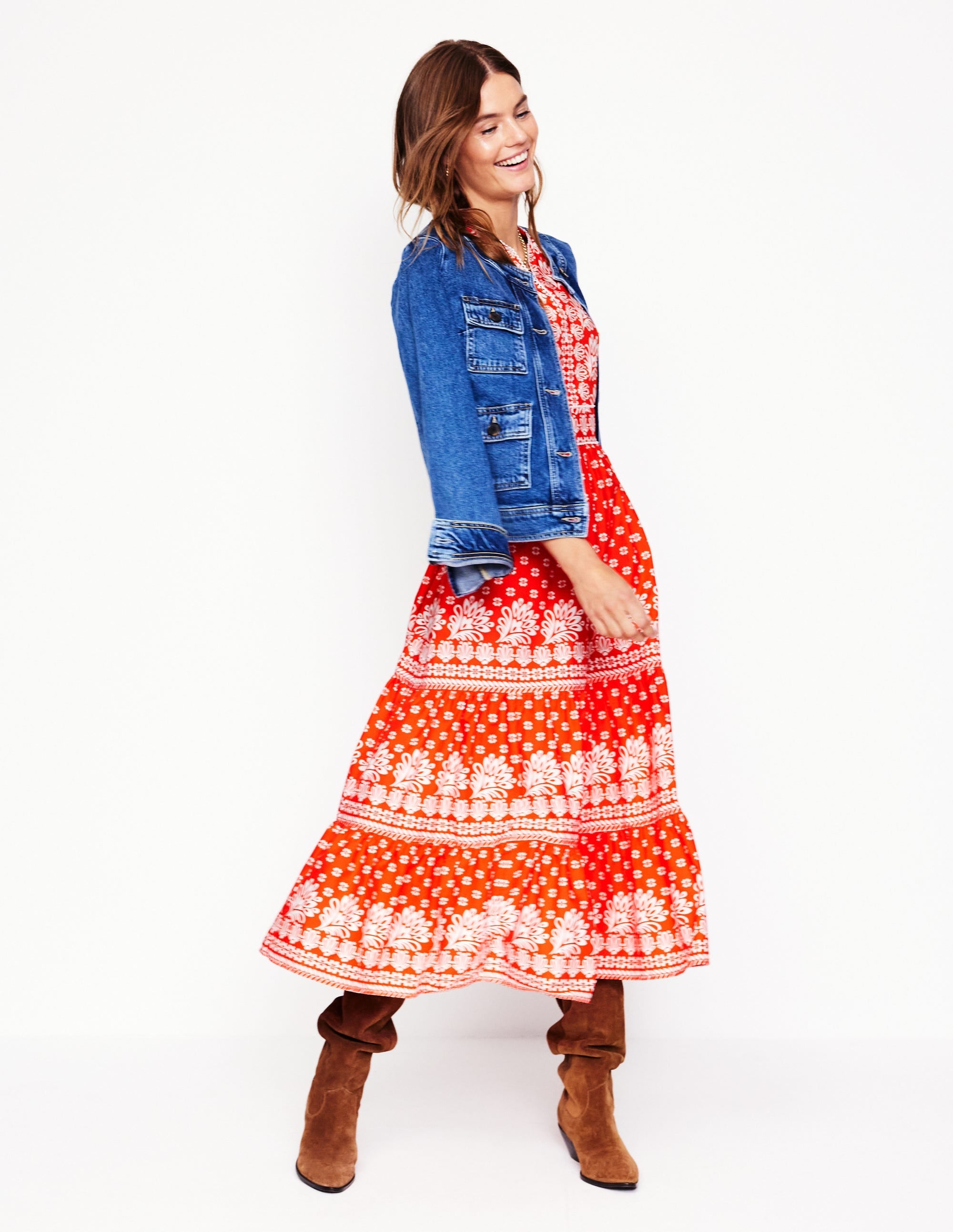 Violet Cotton Midi Dress-Firecracker Red, Palm Flora - Image 6