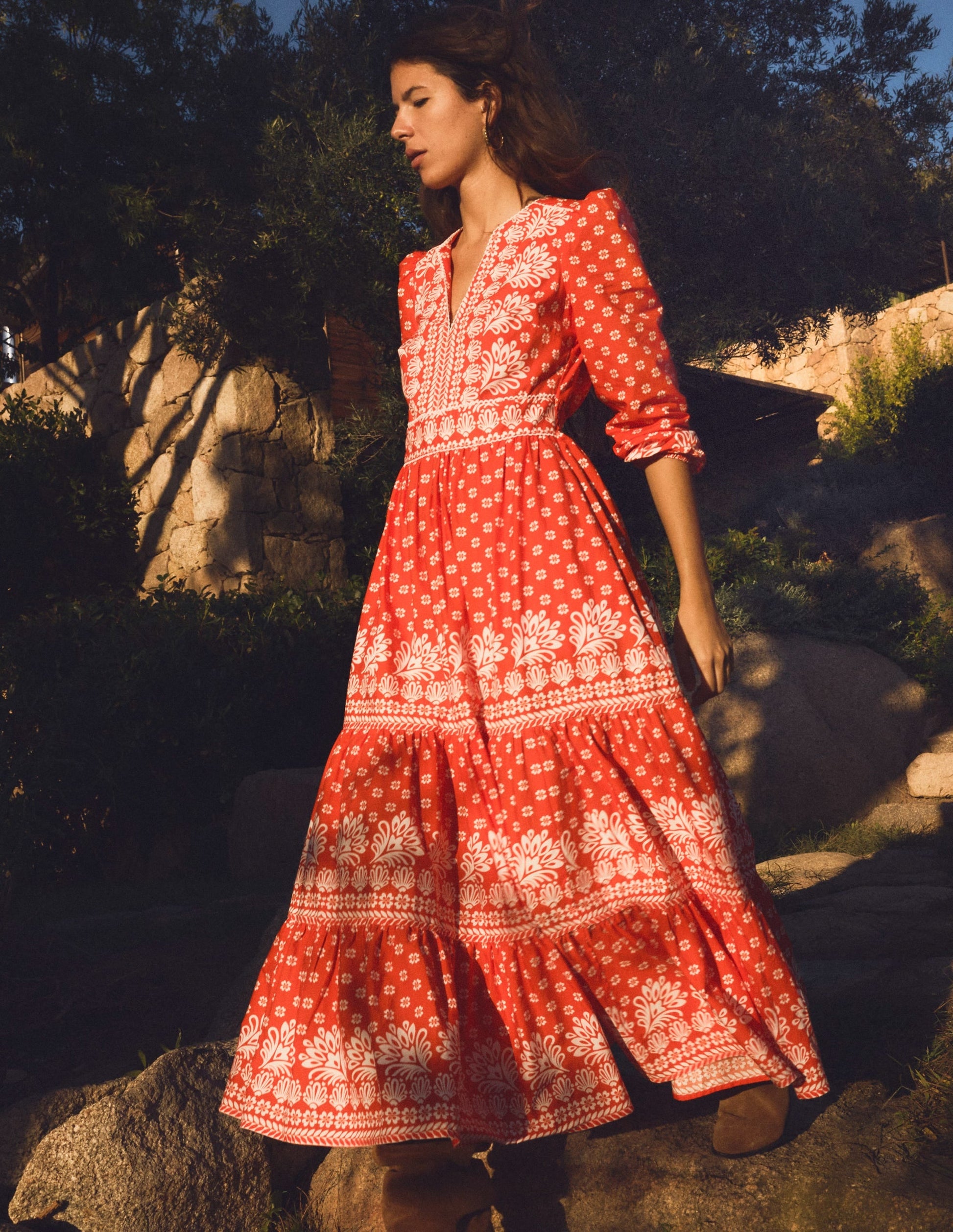 Violet Cotton Midi Dress-Firecracker Red, Palm Flora-2
