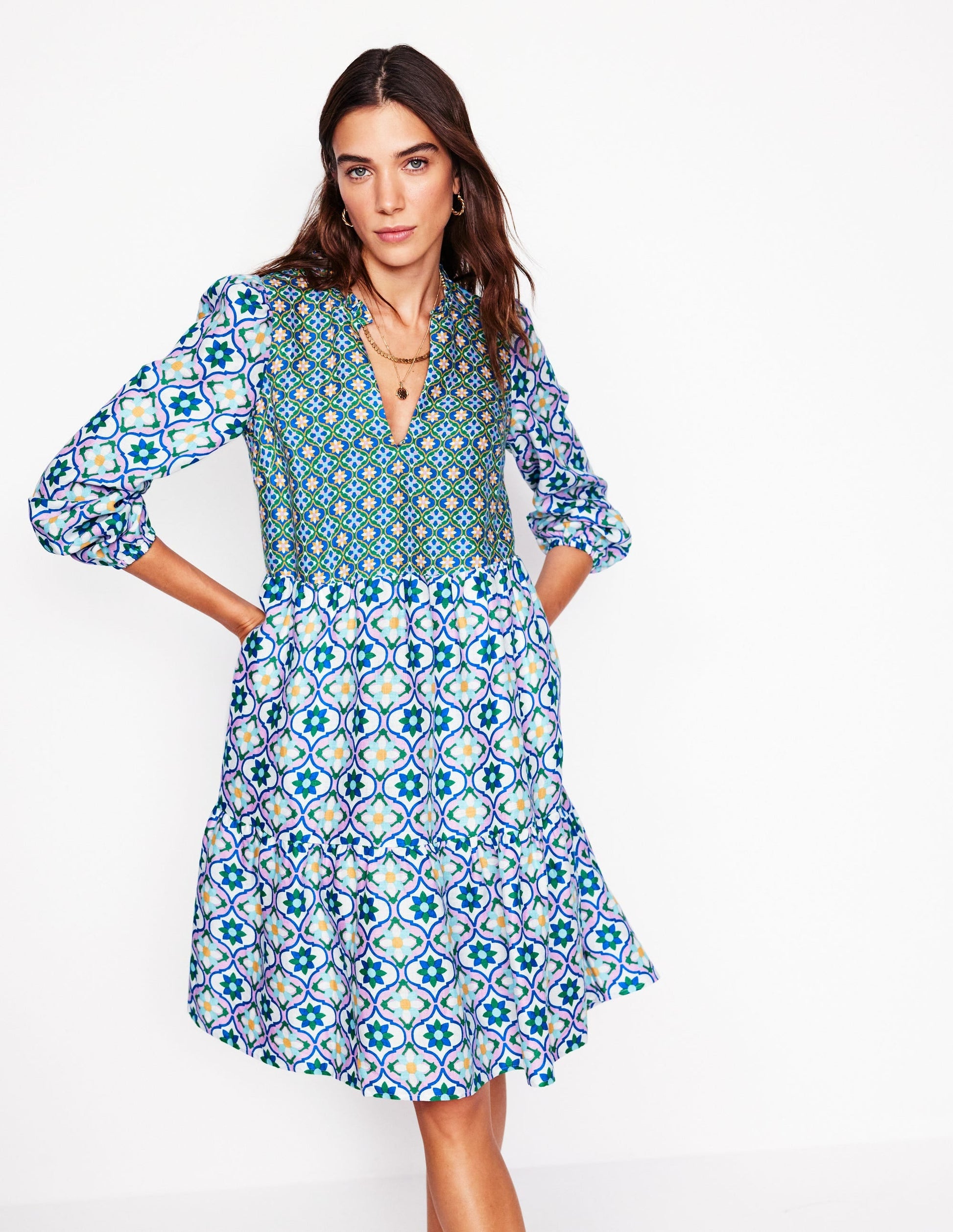 Esme Linen Short Dress-Multi, Floweret Tile-1