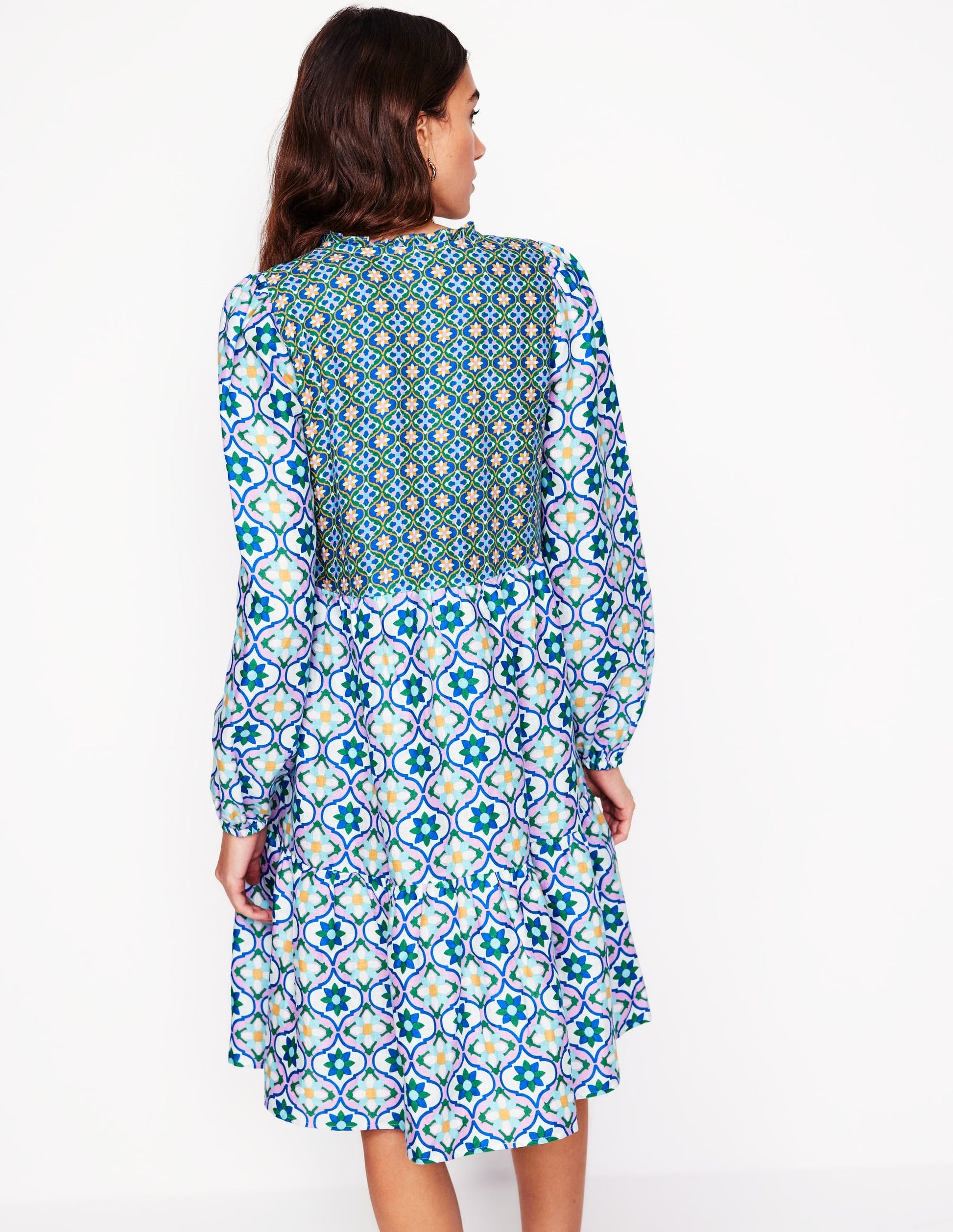 Esme Linen Short Dress-Multi, Floweret Tile-3