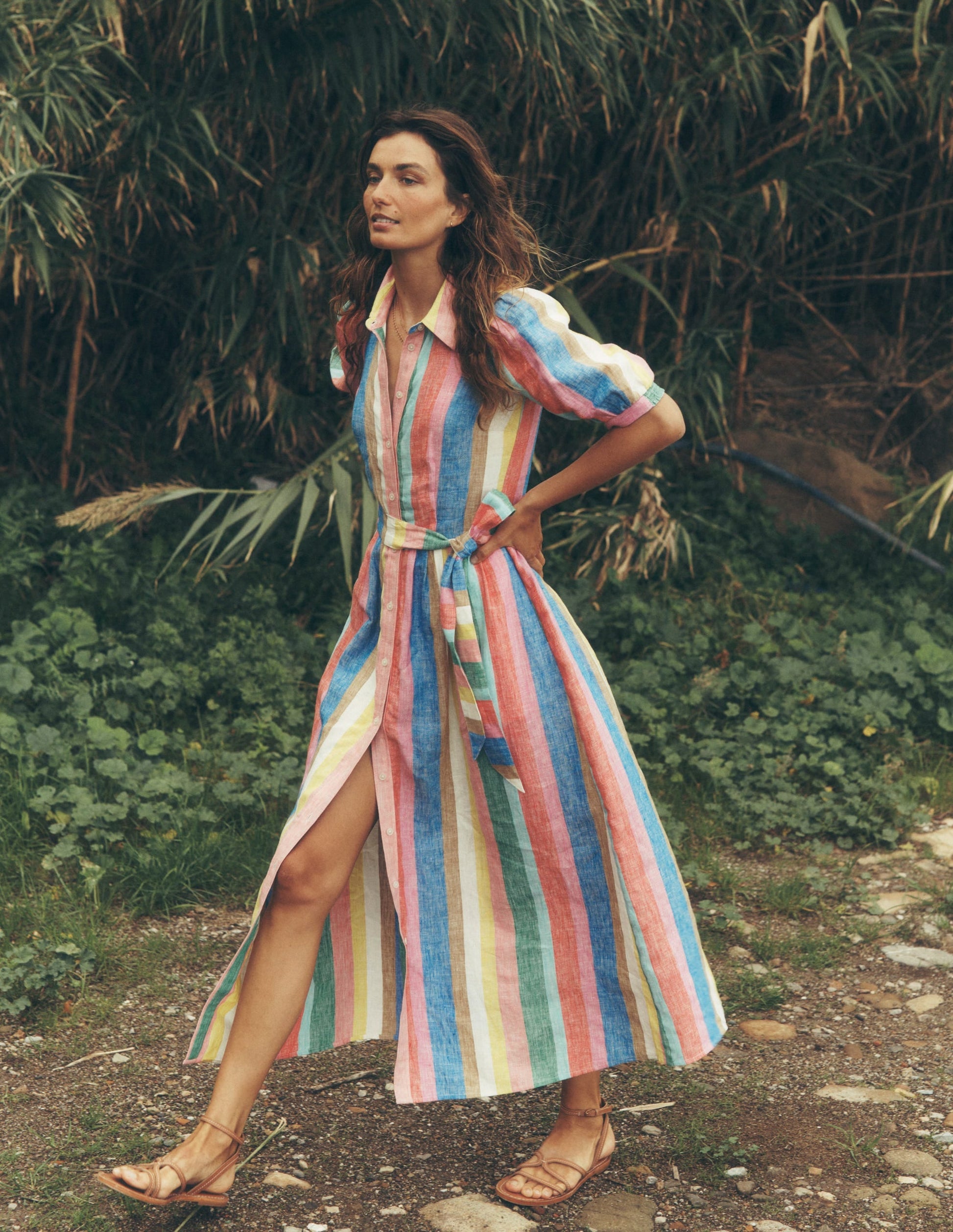 Alexa Linen Maxi Shirt Dress-Rich Emerald and Pink Rainbow-1