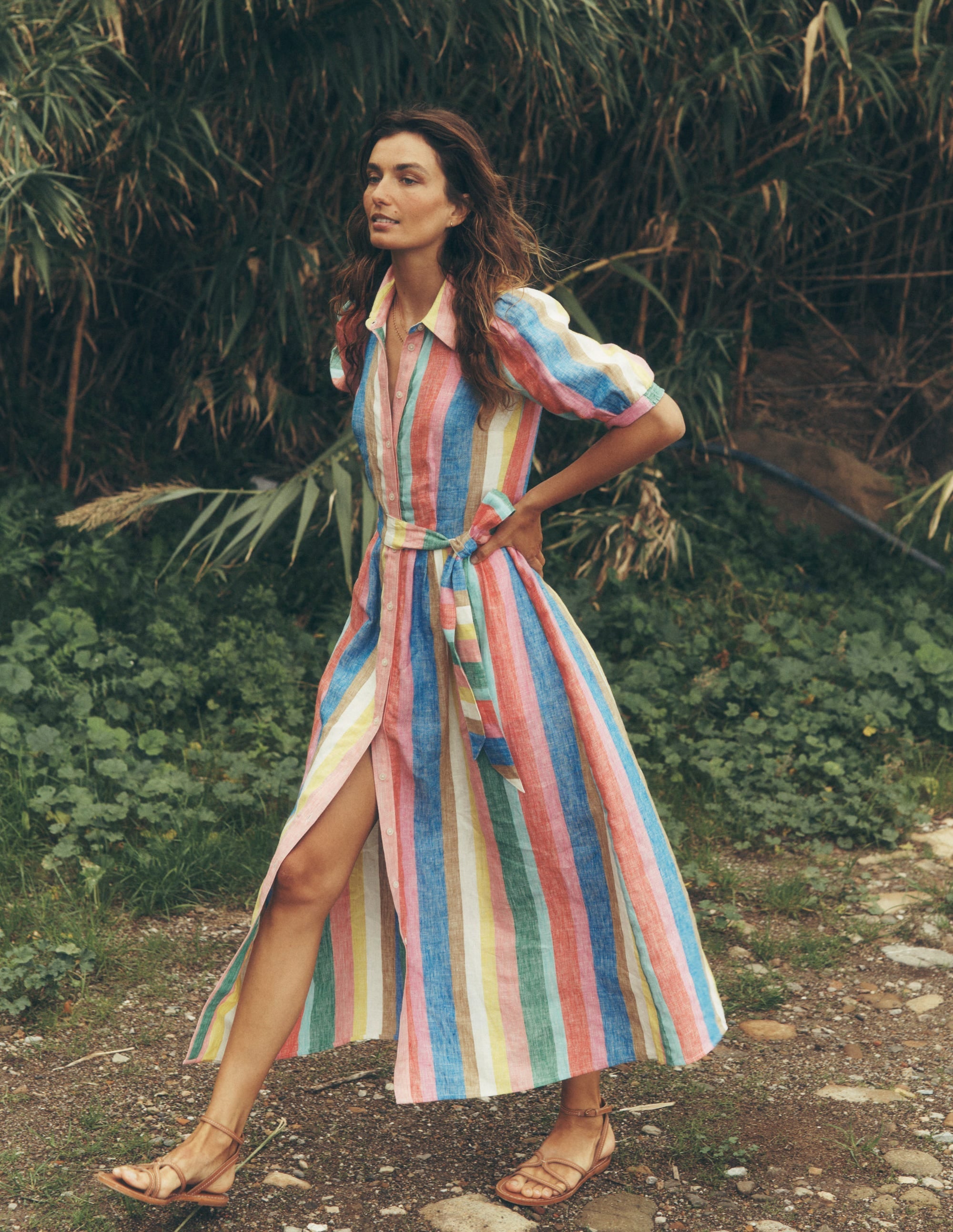 Alexa Linen Maxi Shirt Dress-Rich Emerald and Pink Rainbow - Image 1