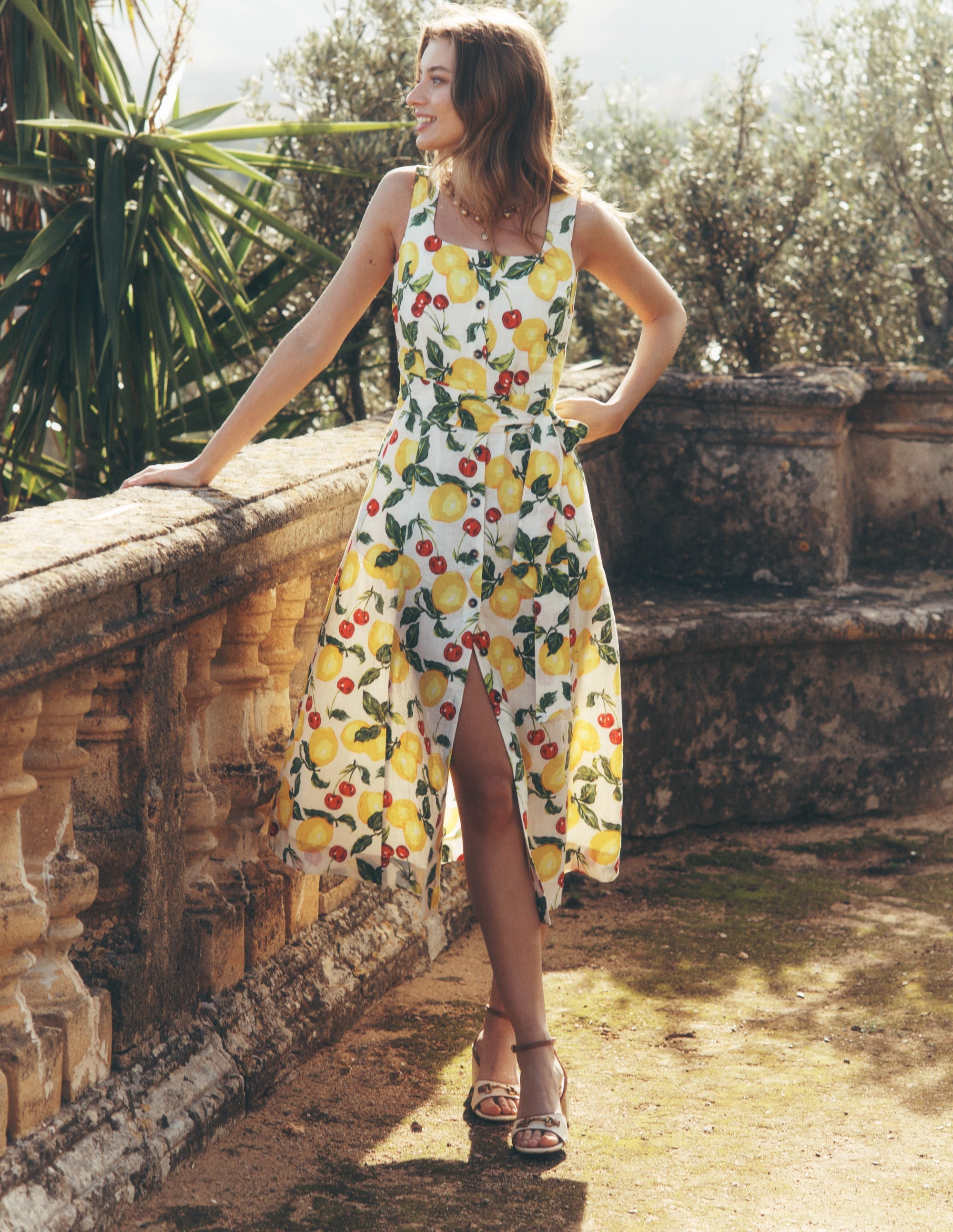Square Neck Linen Midi Dress-Ivory, Cherries and Lemons - Image 1