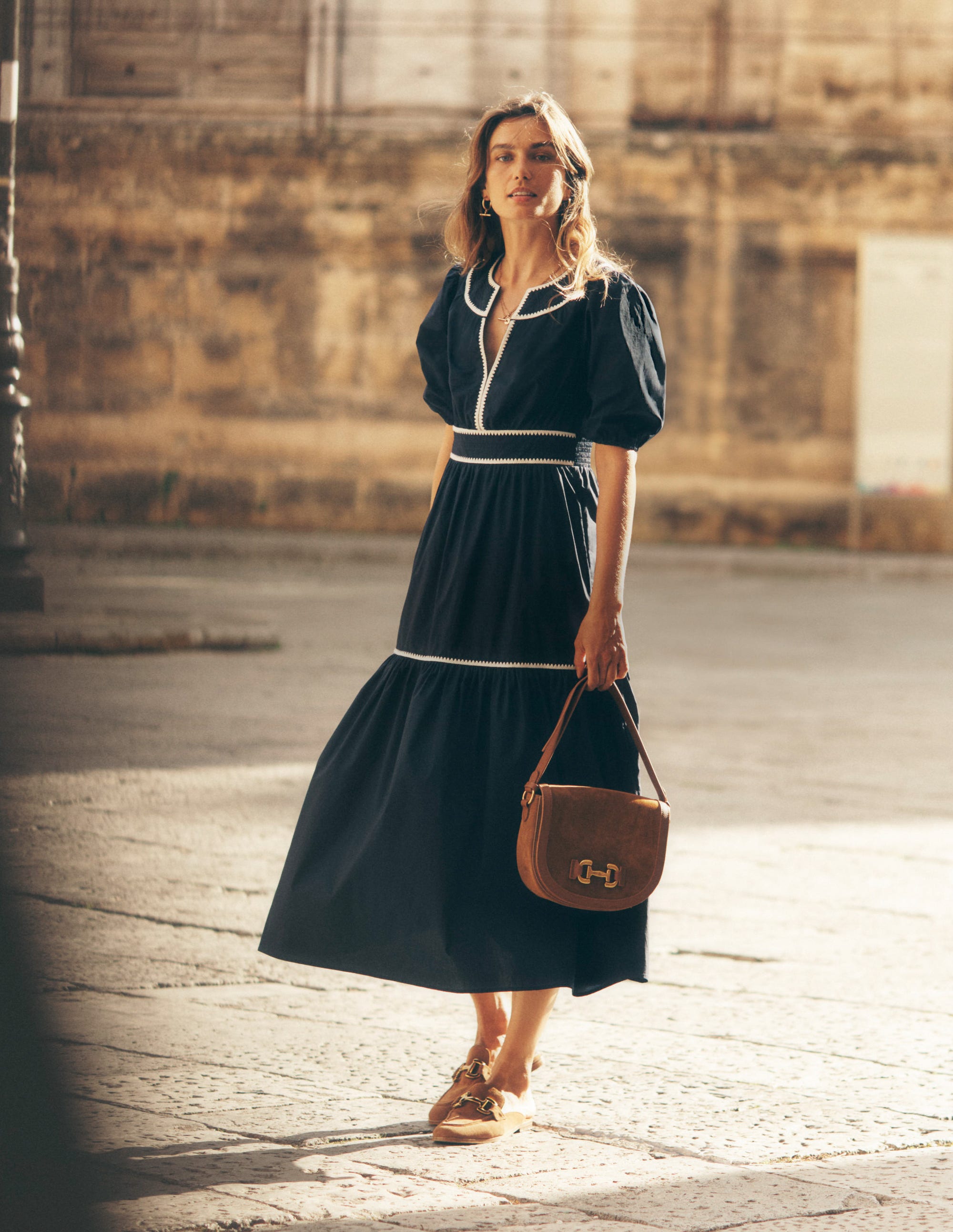 Rhea Embroidered Midi Dress-Navy - Image 1