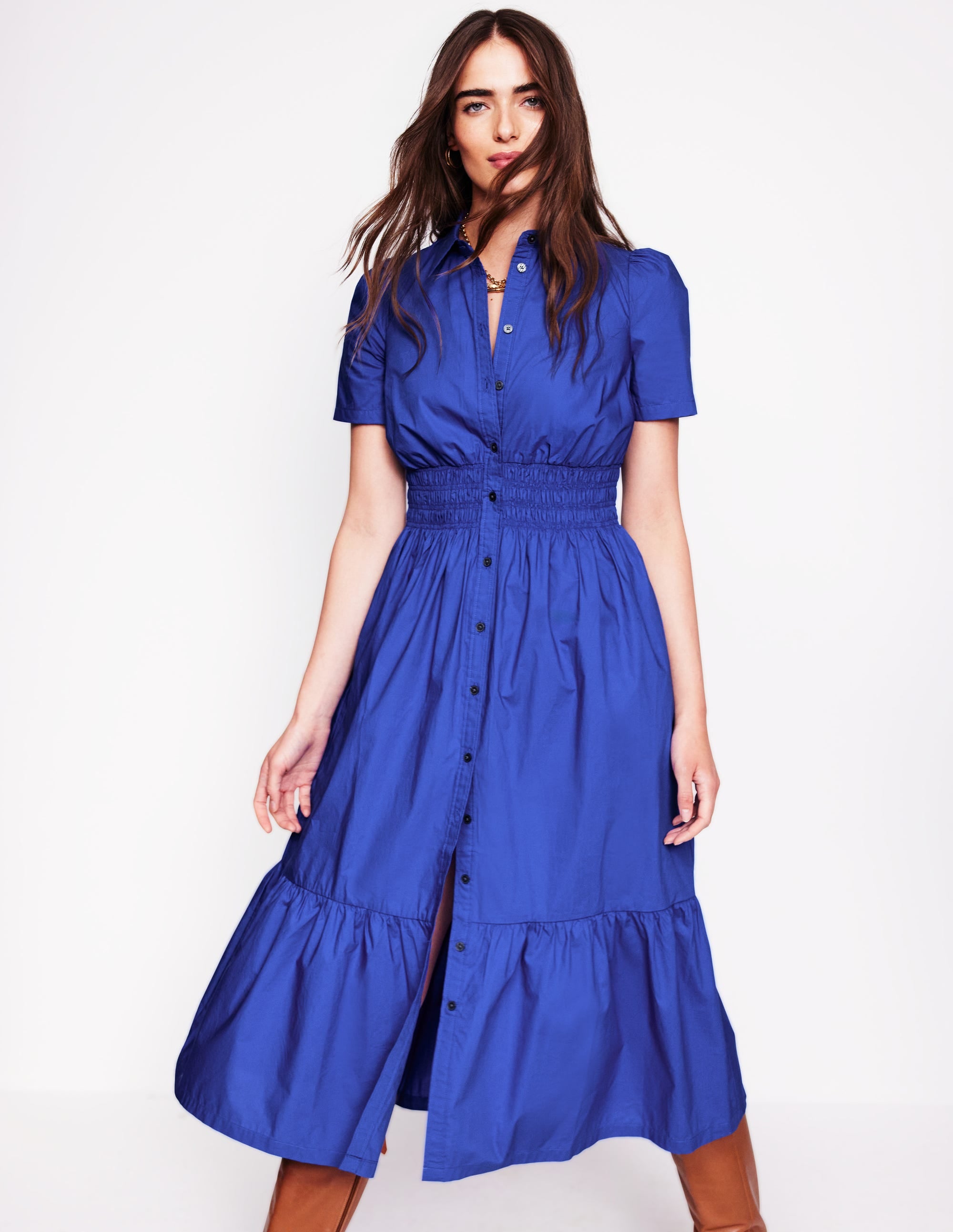 Smocked Waist Shirt Dress-Bright Blue - Image 1