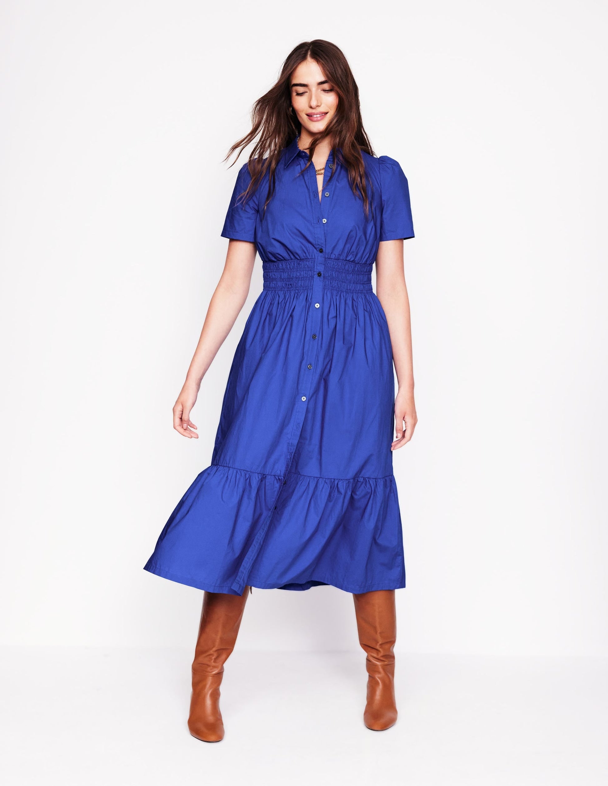 Smocked Waist Shirt Dress-Bright Blue-5