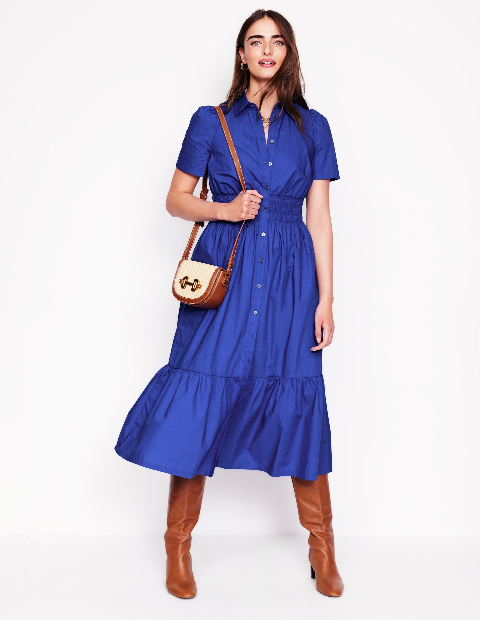 Smocked Waist Shirt Dress-Bright Blue-6