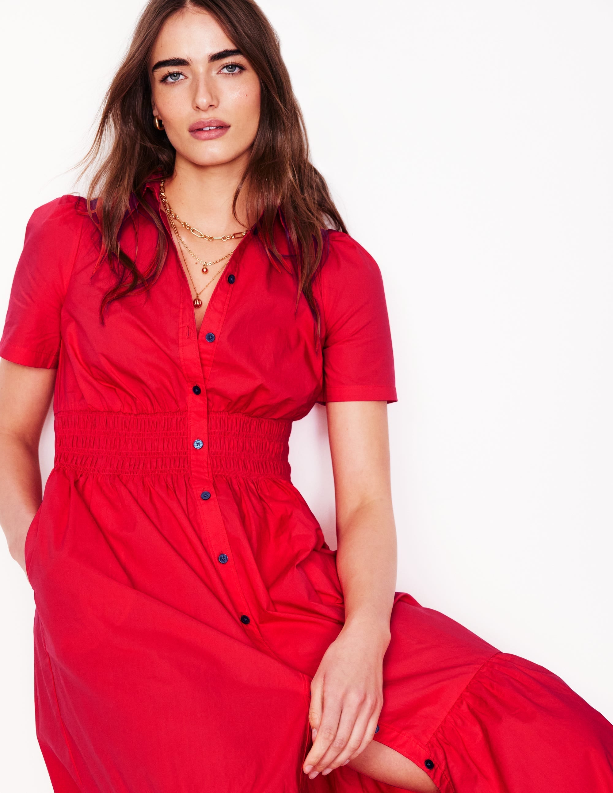Smocked Waist Shirt Dress-Strawberry Tart Red - Image 1