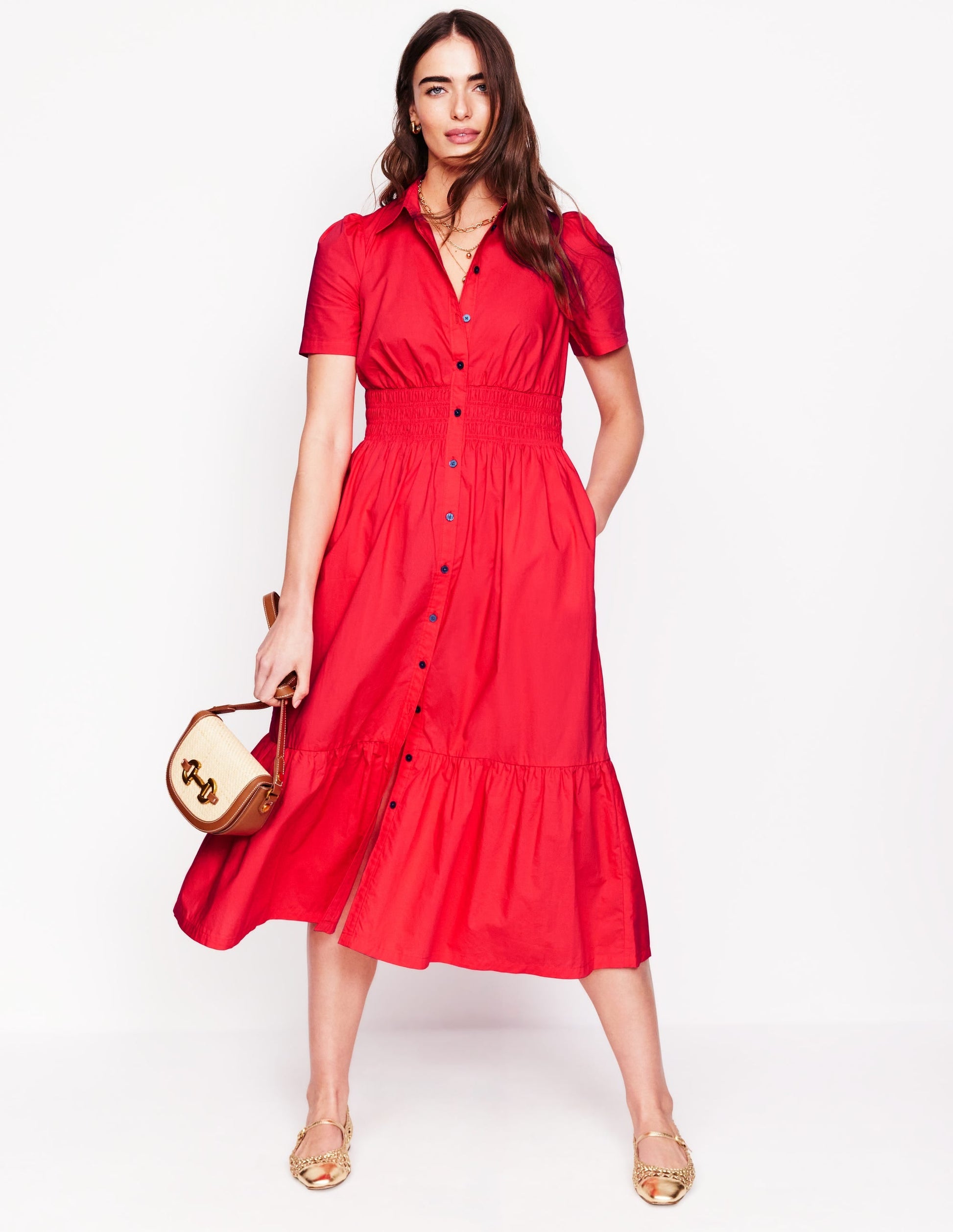 Smocked Waist Shirt Dress-Strawberry Tart Red-4