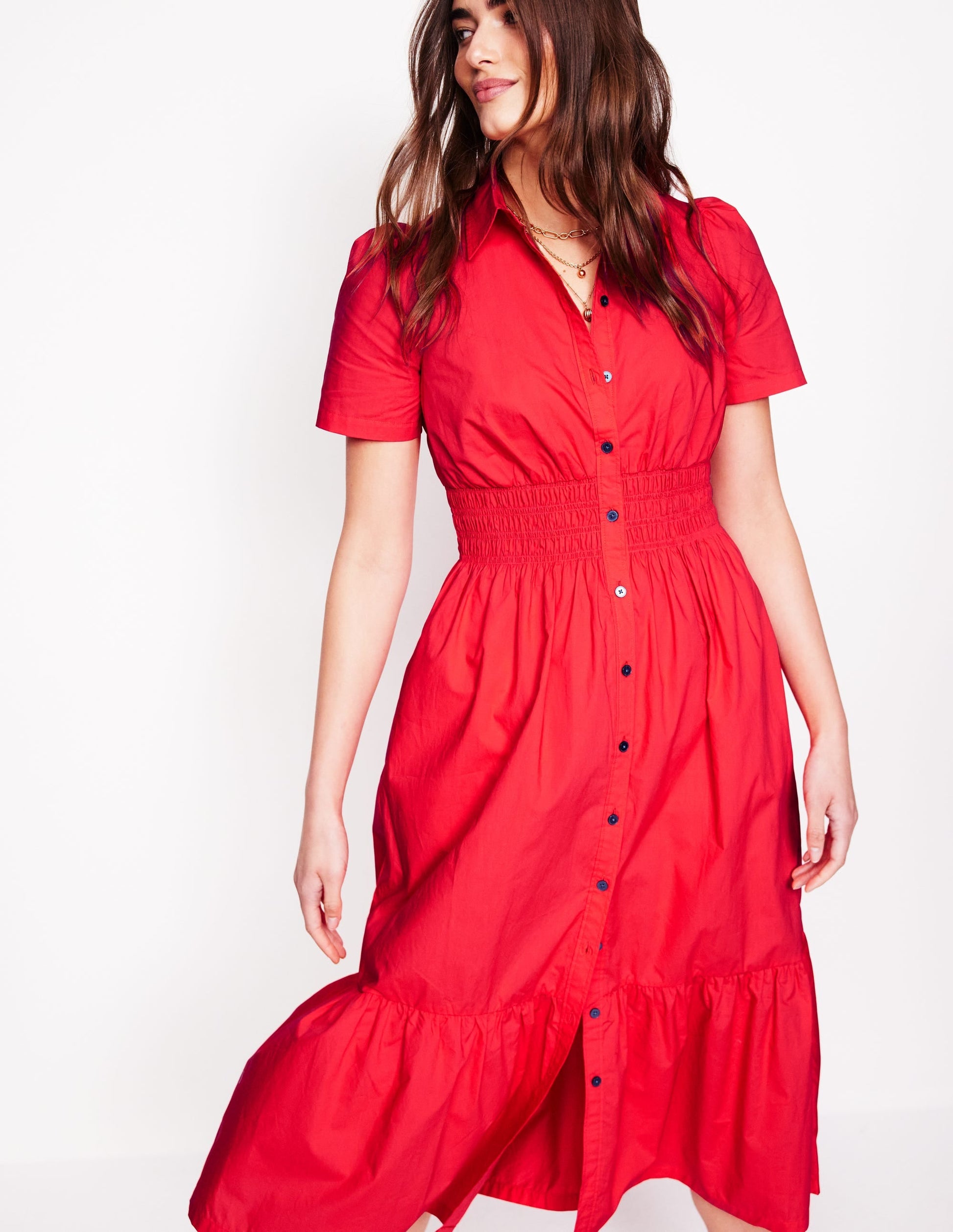 Smocked Waist Shirt Dress-Strawberry Tart Red-5