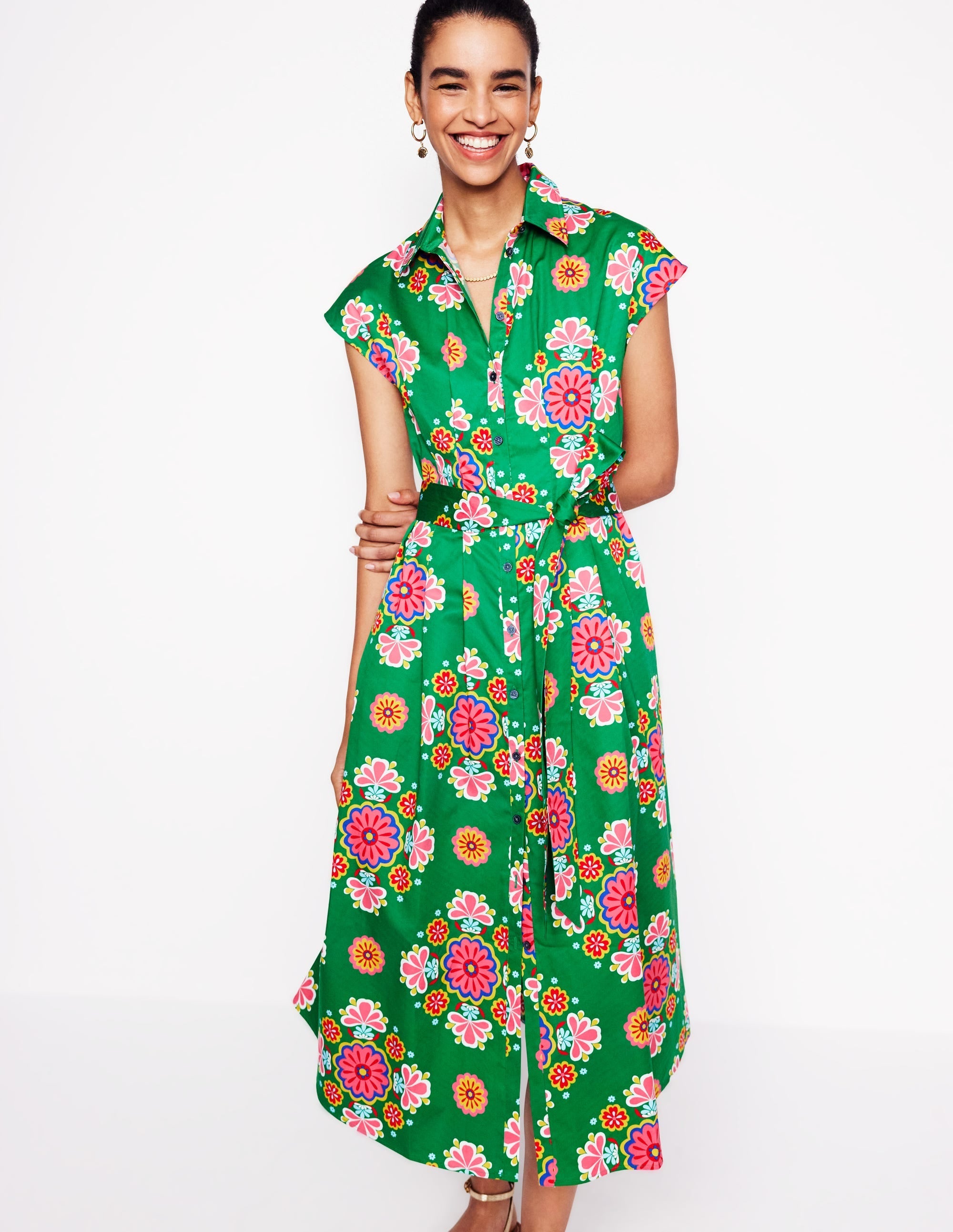 Rachel Cotton Midi Shirt Dress-Rich Emerald, Meadow Posy - Image 1