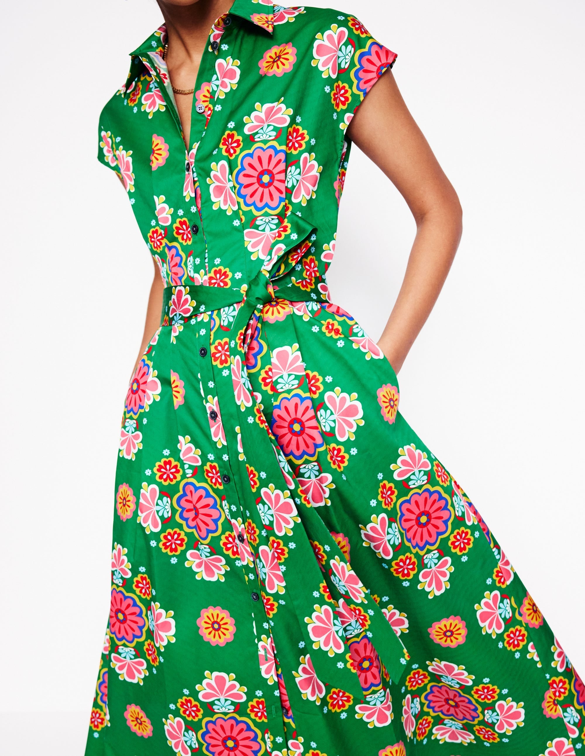 Rachel Cotton Midi Shirt Dress-Rich Emerald, Meadow Posy - Image 2