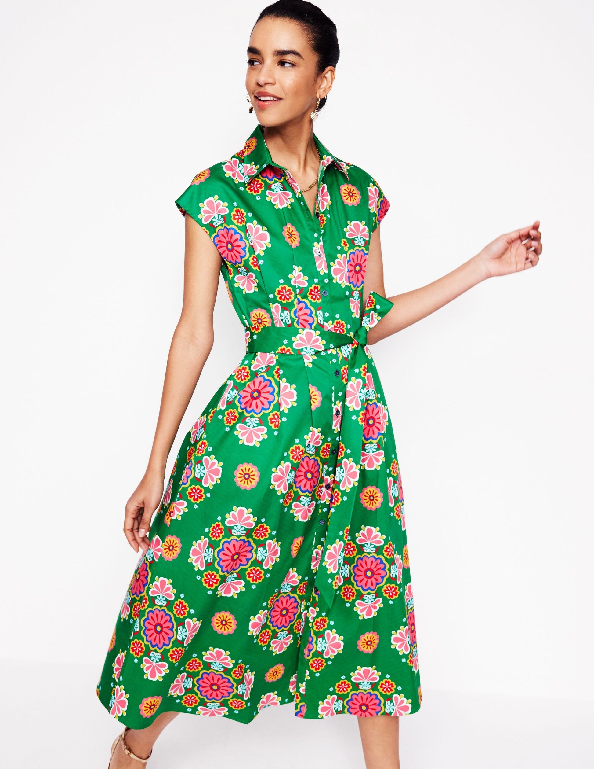 Rachel Cotton Midi Shirt Dress-Rich Emerald, Meadow Posy-4