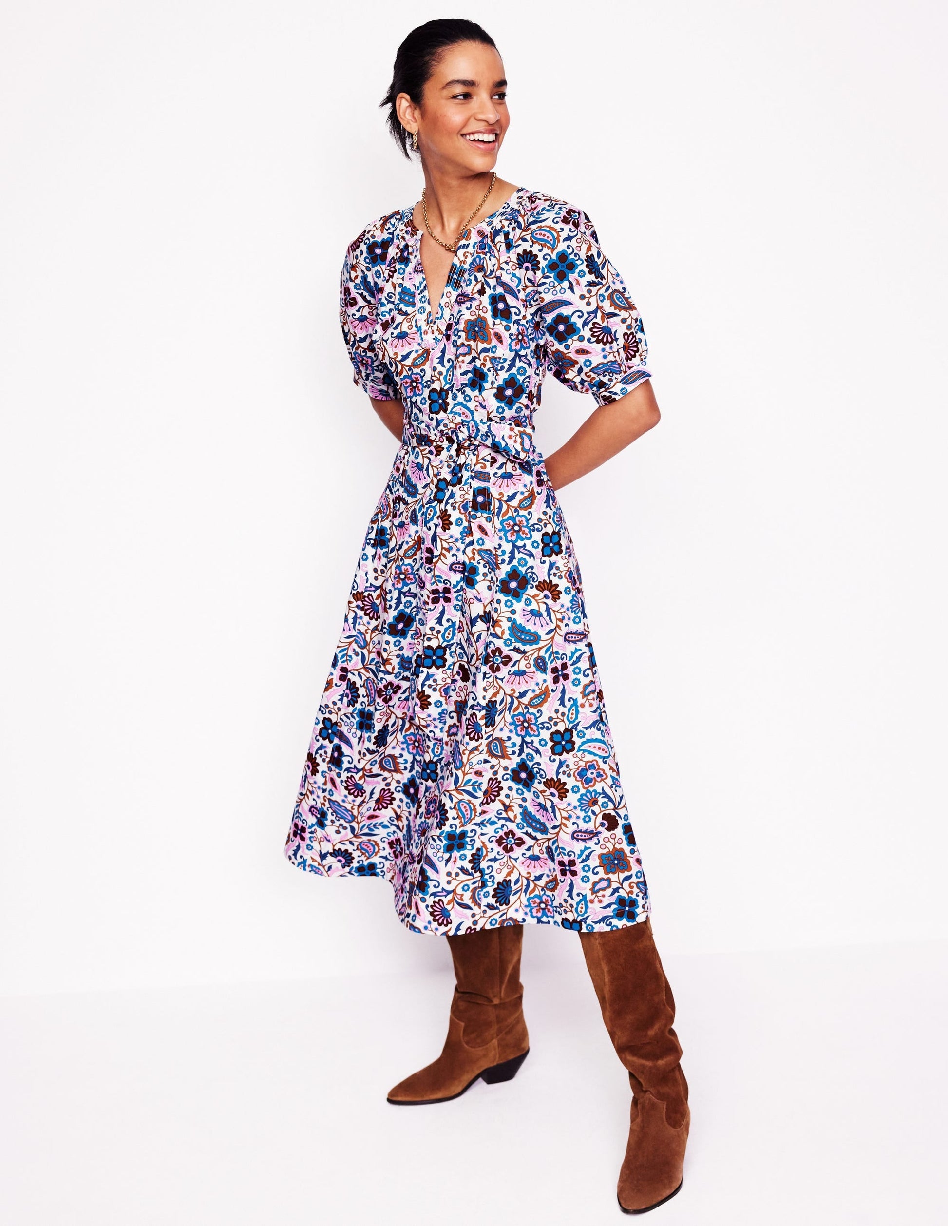 Cotton Puff Sleeve Midi Dress-Multi, Oriental Paradise-1