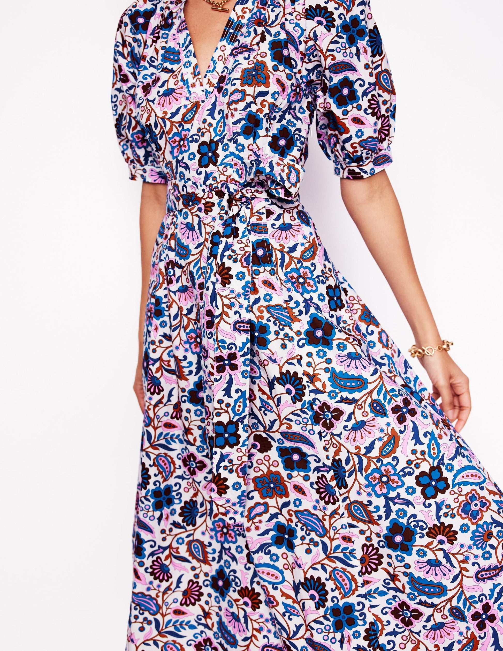 Cotton Puff Sleeve Midi Dress-Multi, Oriental Paradise-2