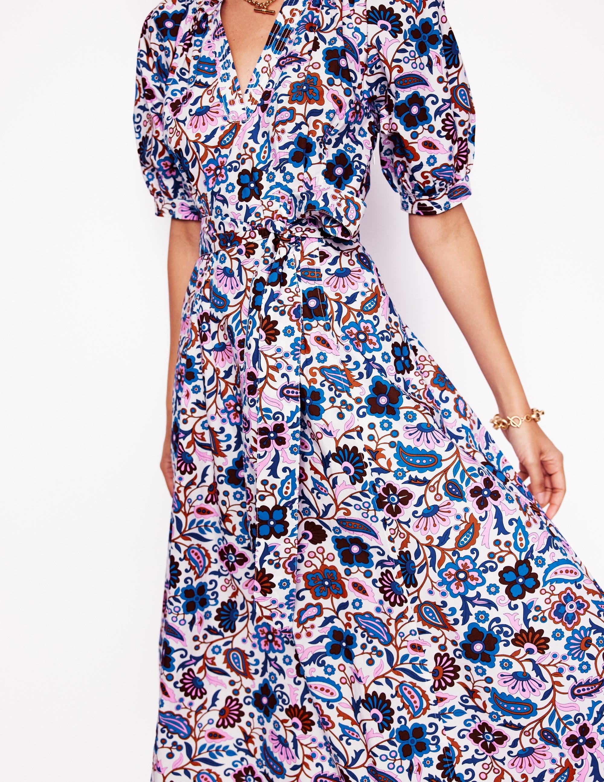 Cotton Puff Sleeve Midi Dress-Multi, Oriental Paradise - Image 2