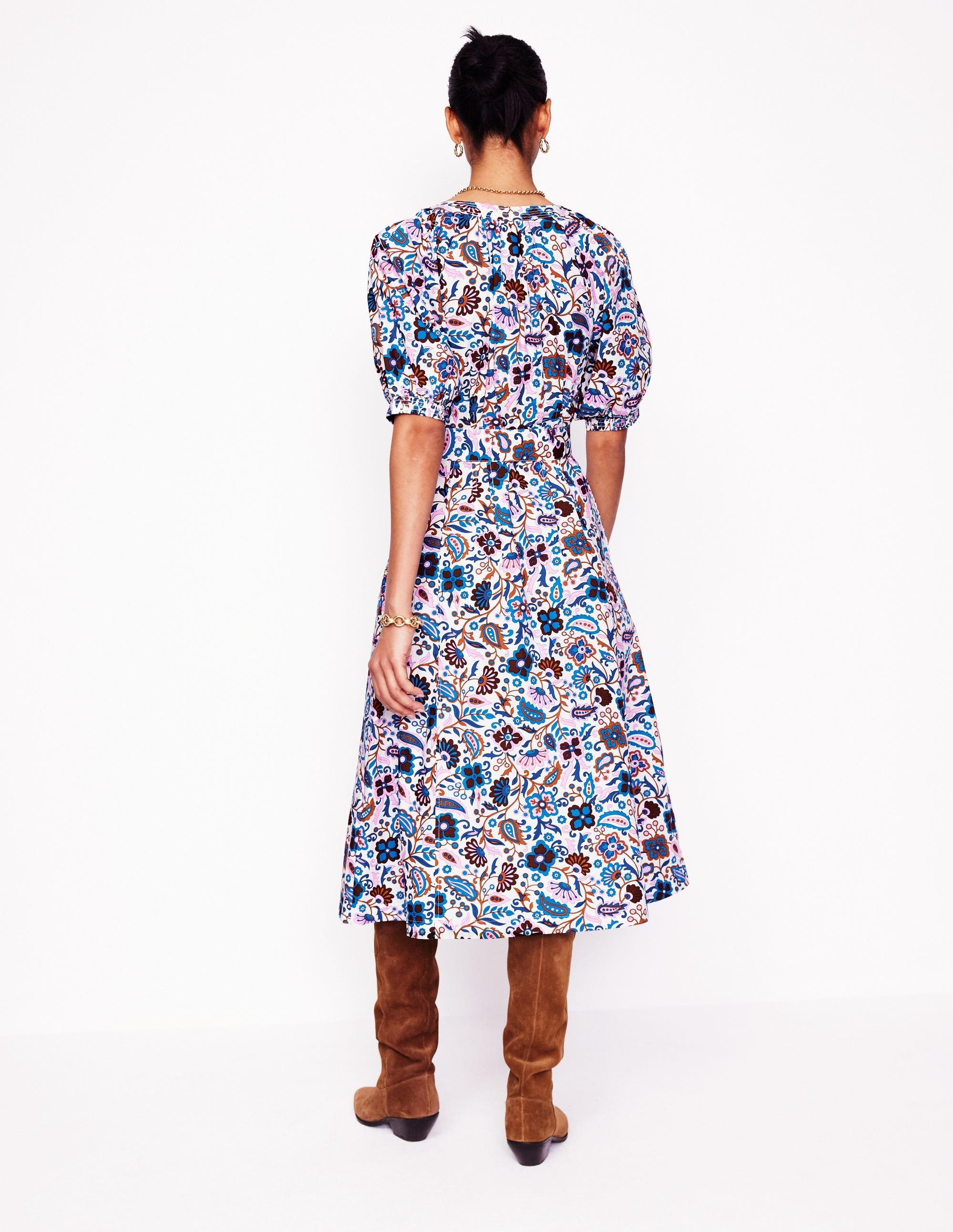 Cotton Puff Sleeve Midi Dress-Multi, Oriental Paradise - Image 3