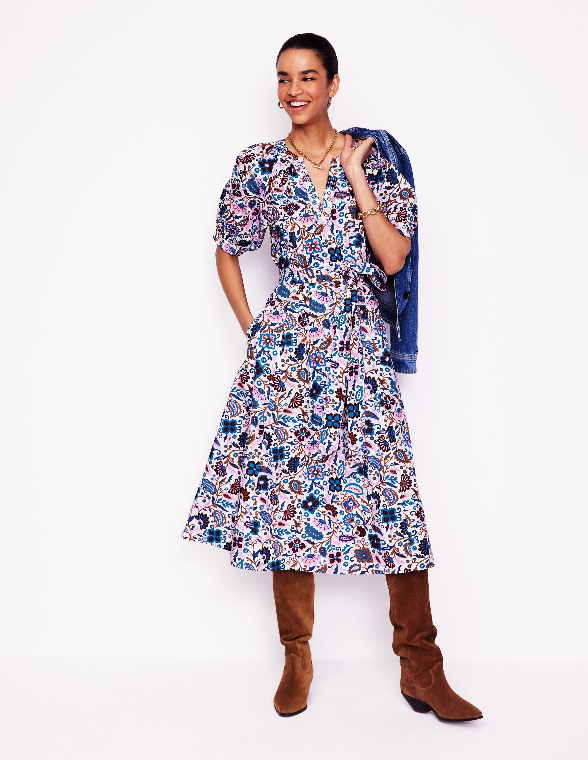 Cotton Puff Sleeve Midi Dress-Multi, Oriental Paradise - Image 4