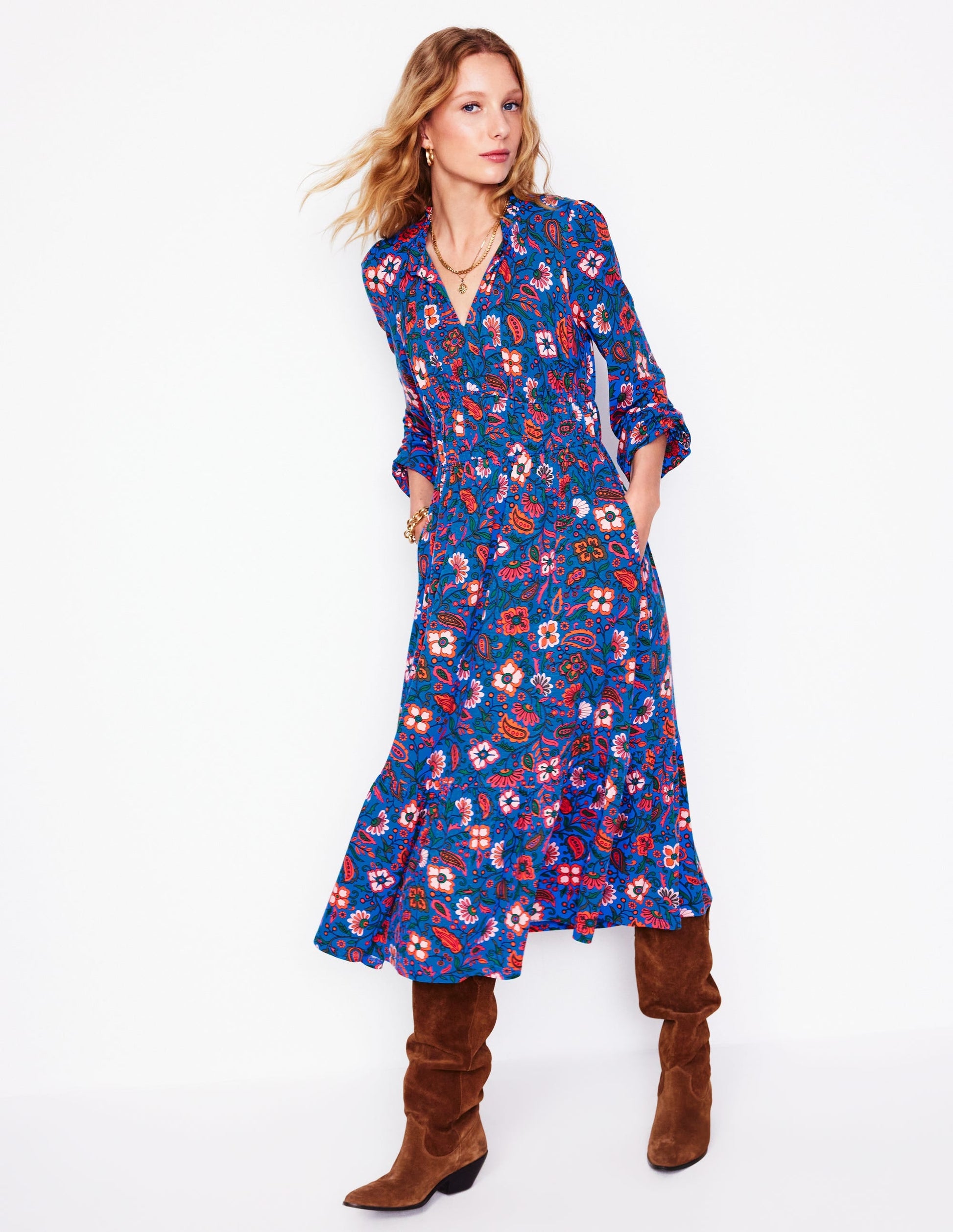 Rosamund Jersey Midi Tea Dress-Blue,Oriental Paradise-1