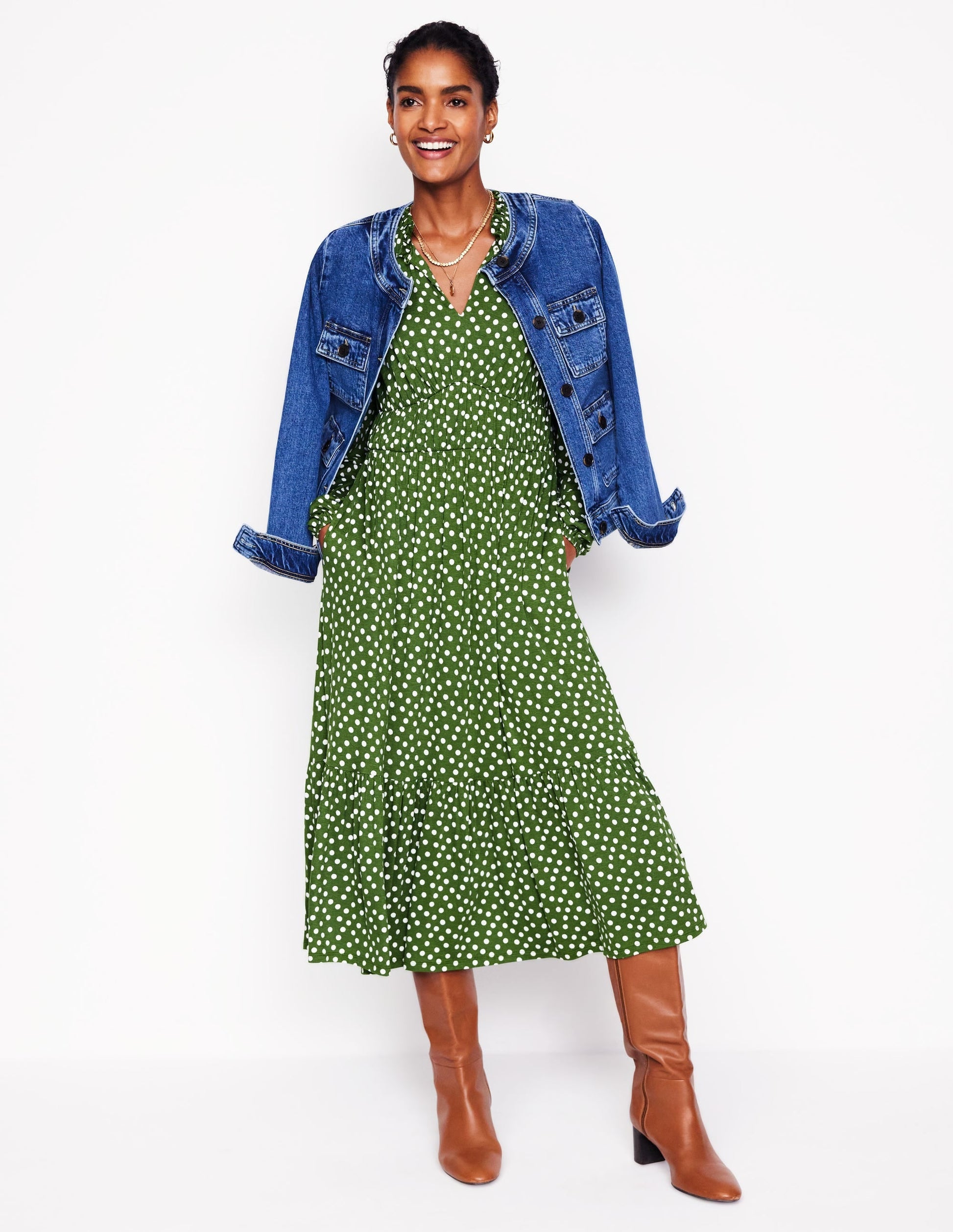 Rosamund Jersey Midi Tea Dress-Paradise Green, Abstract Dot-1