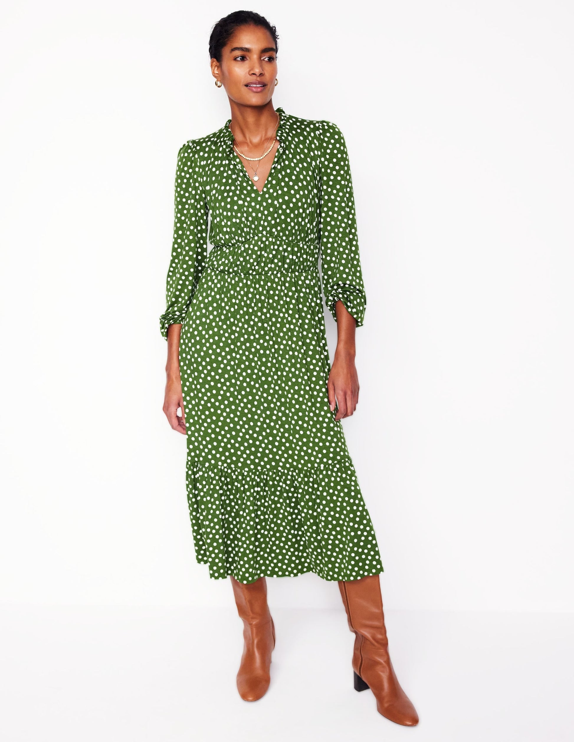 Rosamund Jersey Midi Tea Dress-Paradise Green, Abstract Dot-4