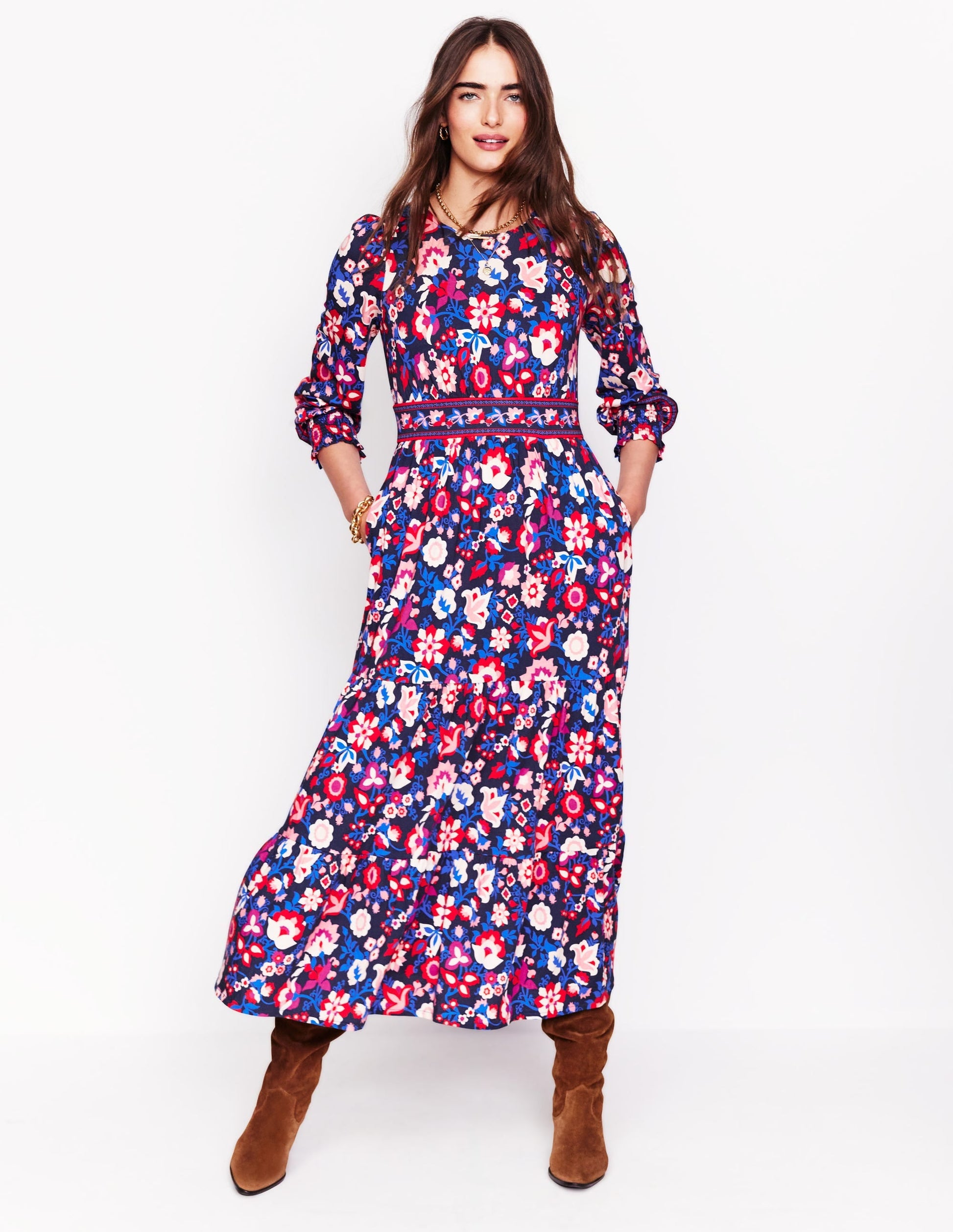 Tabitha Tiered Jersey Dress-College Navy, Garden Vine-1
