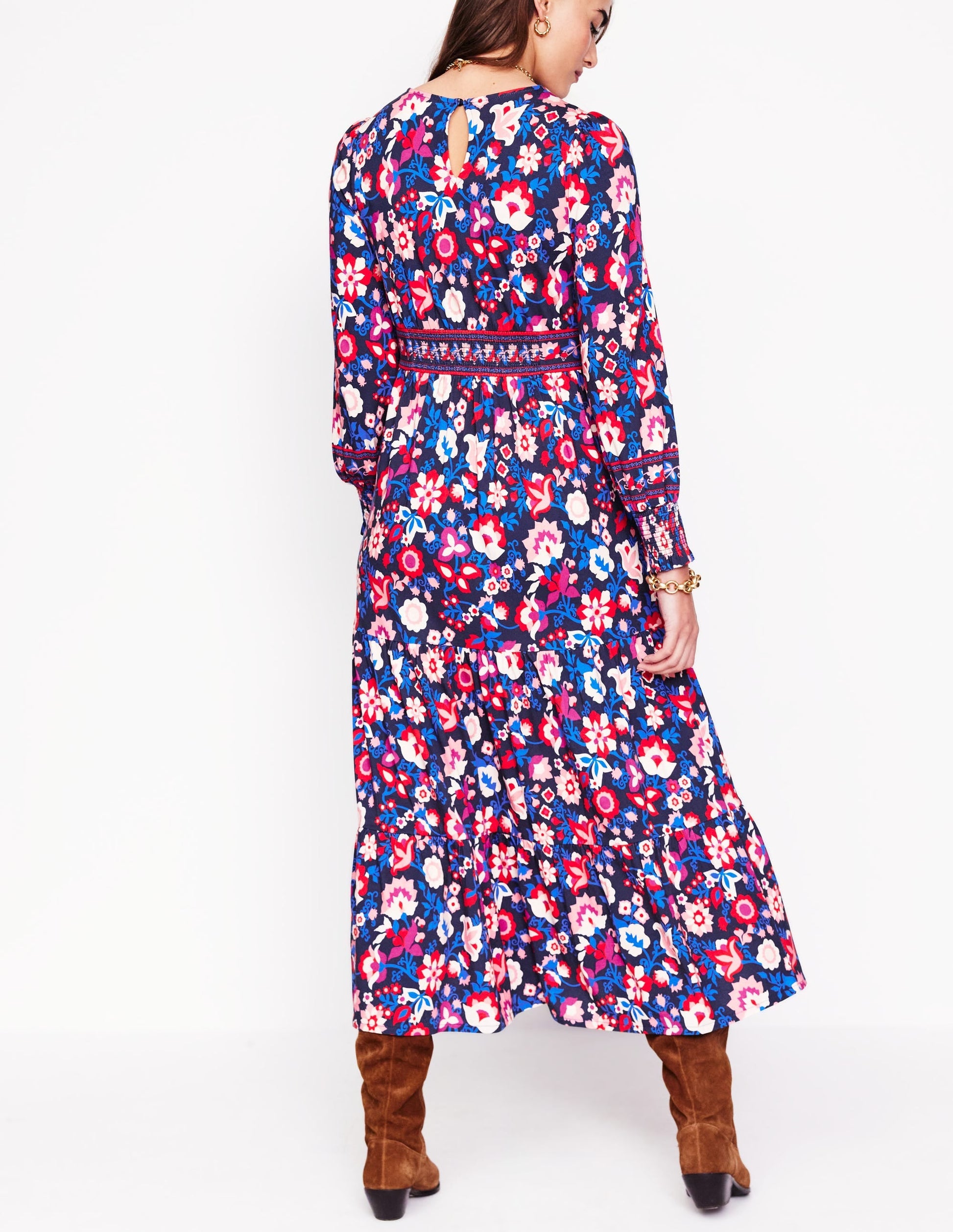 Tabitha Tiered Jersey Dress-College Navy, Garden Vine-4