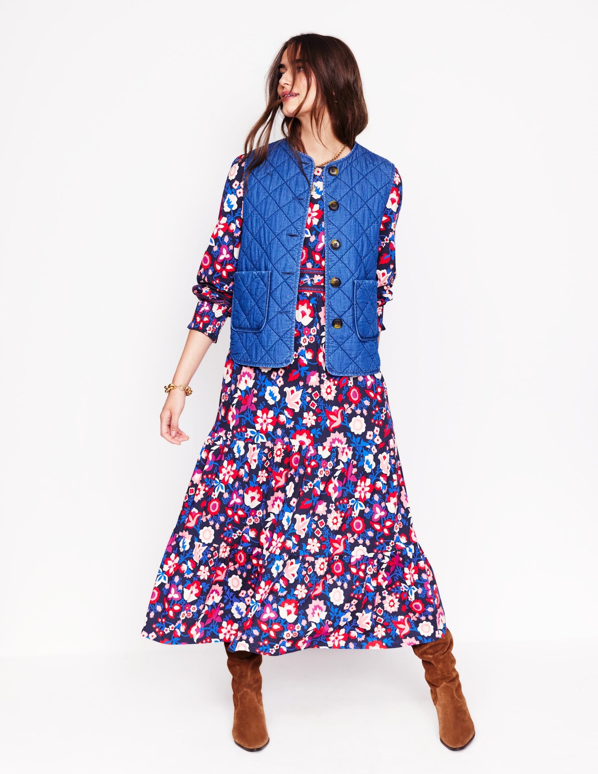 Tabitha Tiered Jersey Dress-College Navy, Garden Vine-5