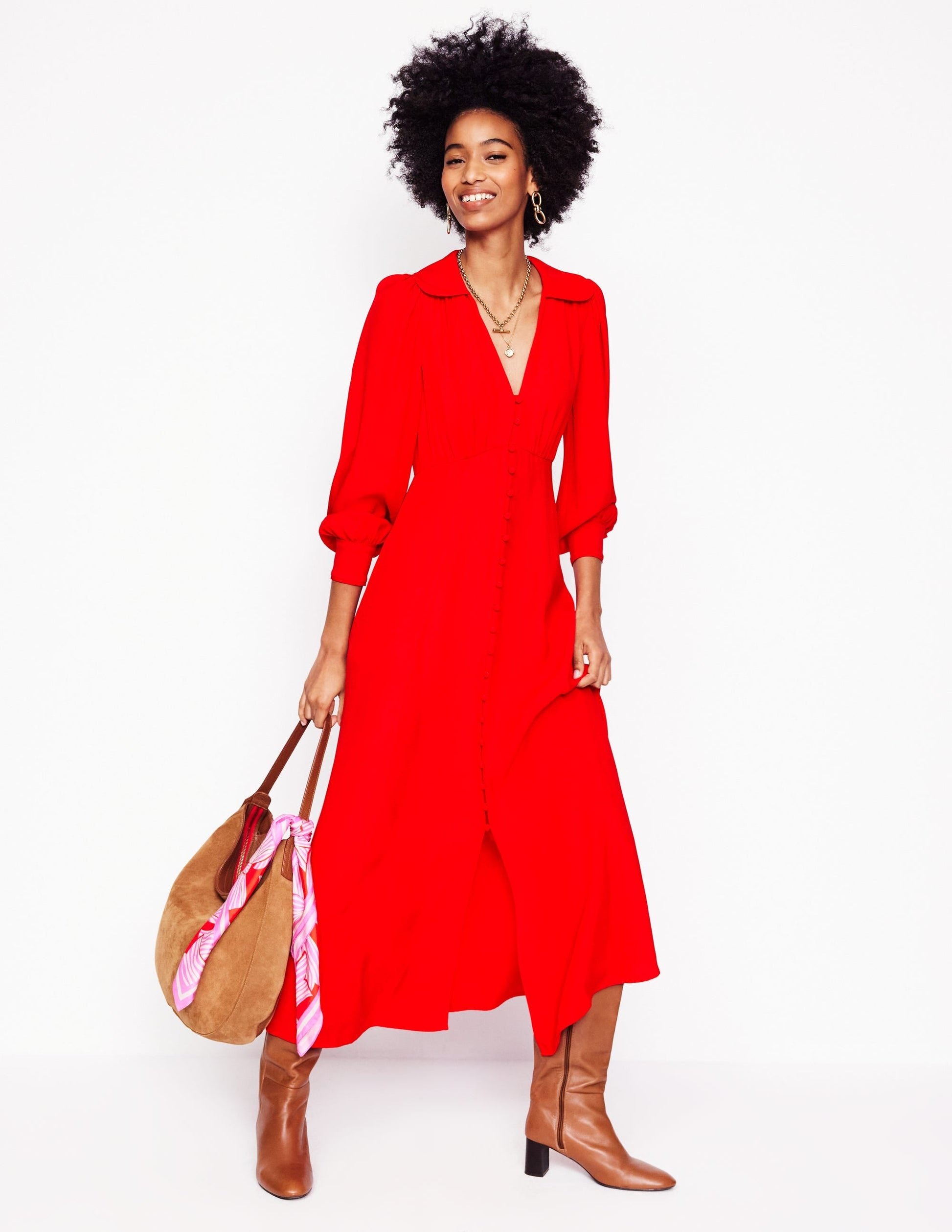 Scalloped Collar Tea Dress-Poppy Red-6