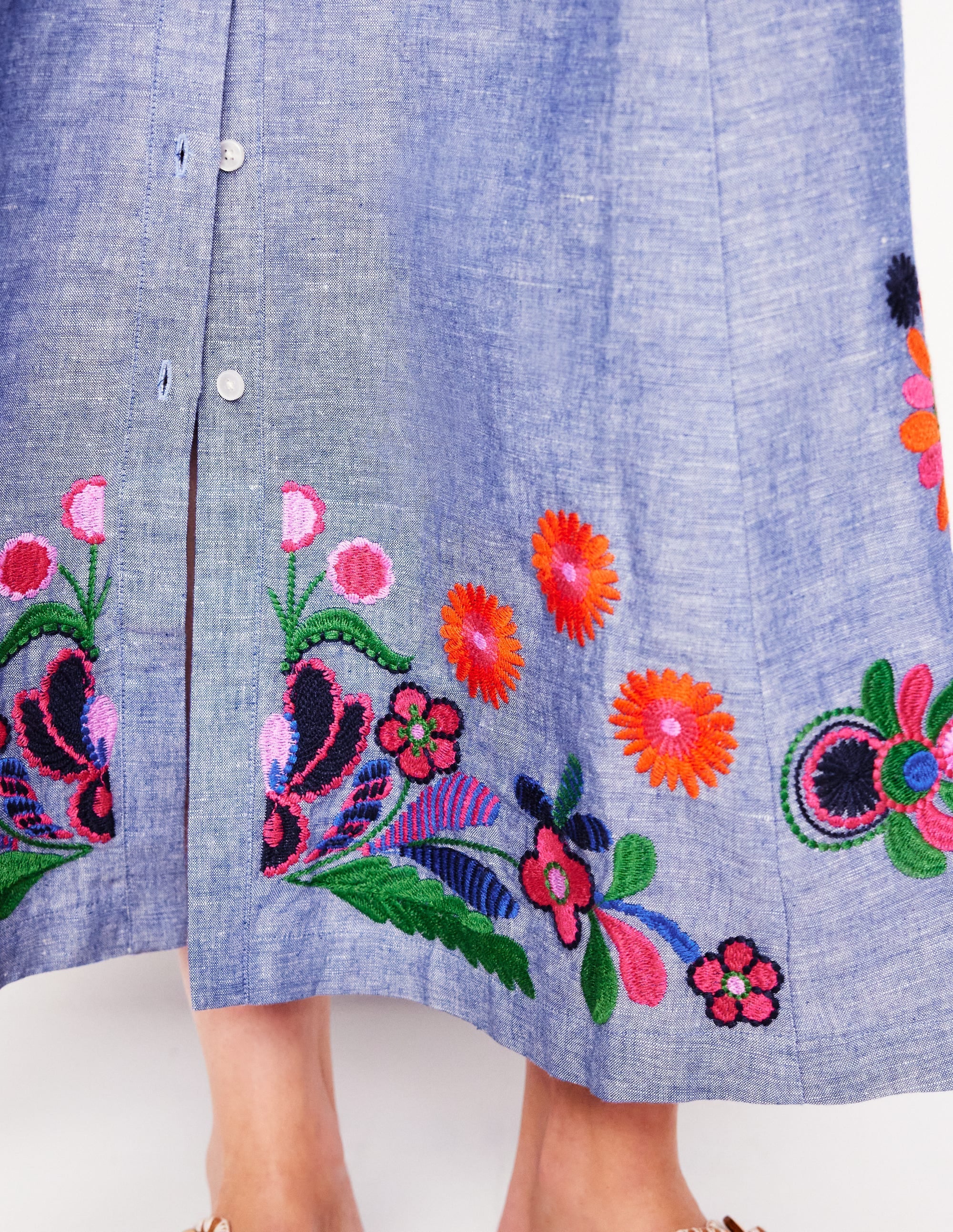 Clara Linen Blend Shirt Dress-Blue Chambray, Embroidered - Image 6