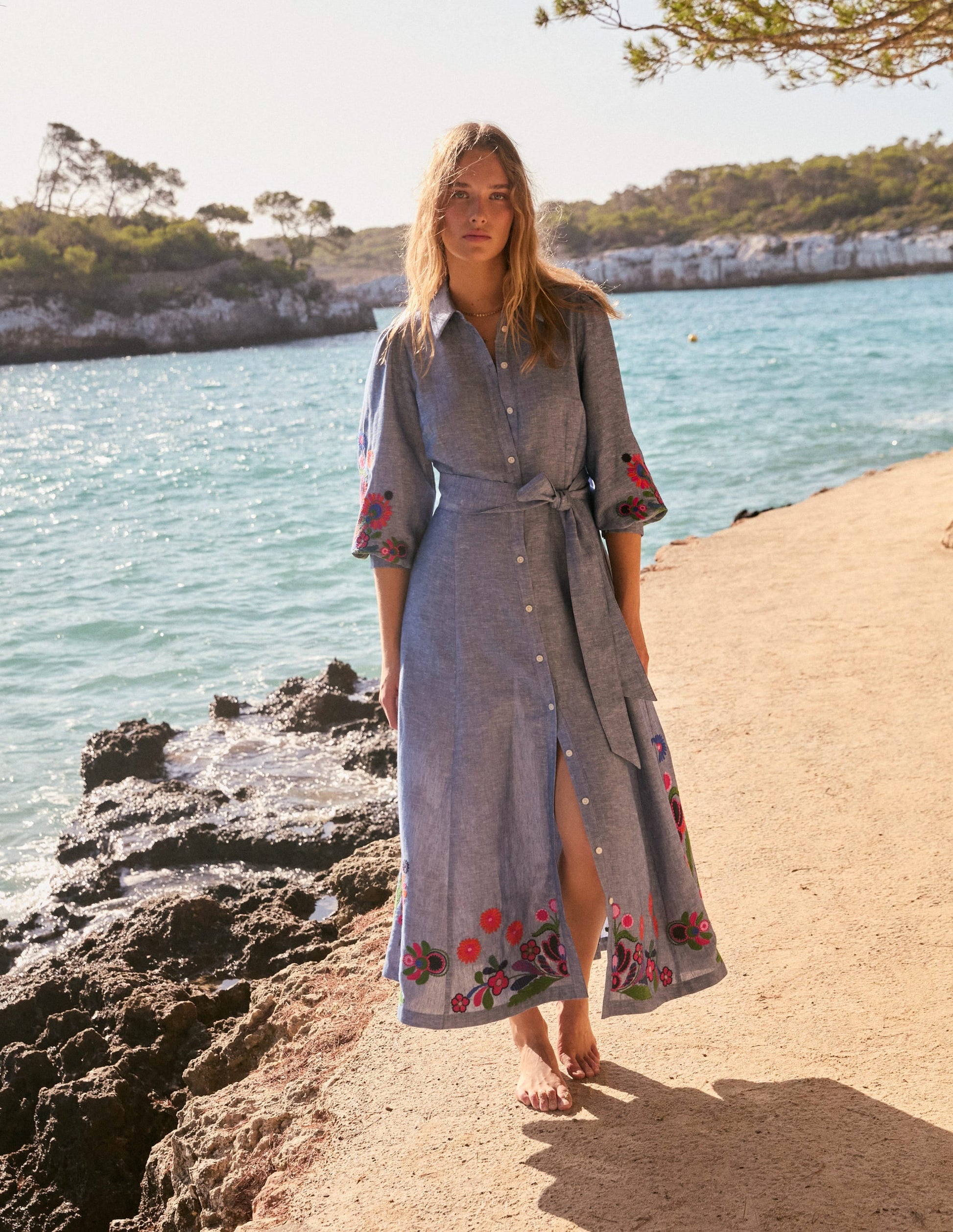 Clara Linen Blend Shirt Dress-Blue Chambray, Embroidered-2