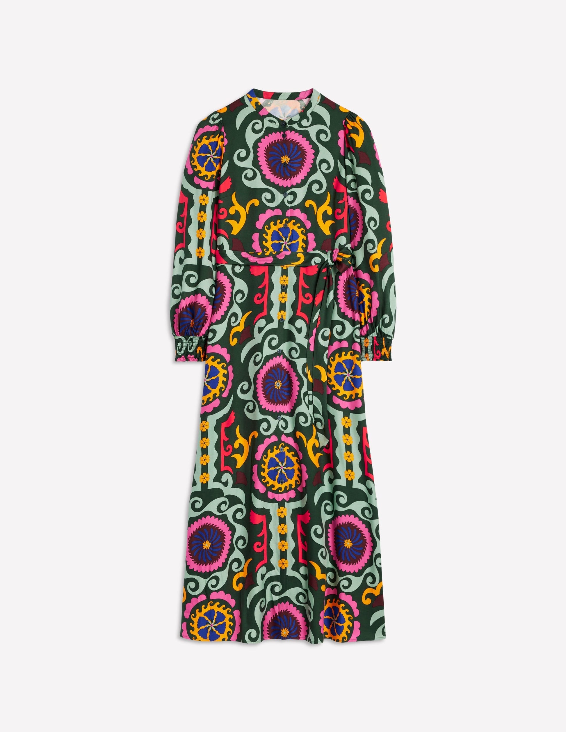 Ruby Collarless Shirt Dress-Green, Ornamental Wave-7