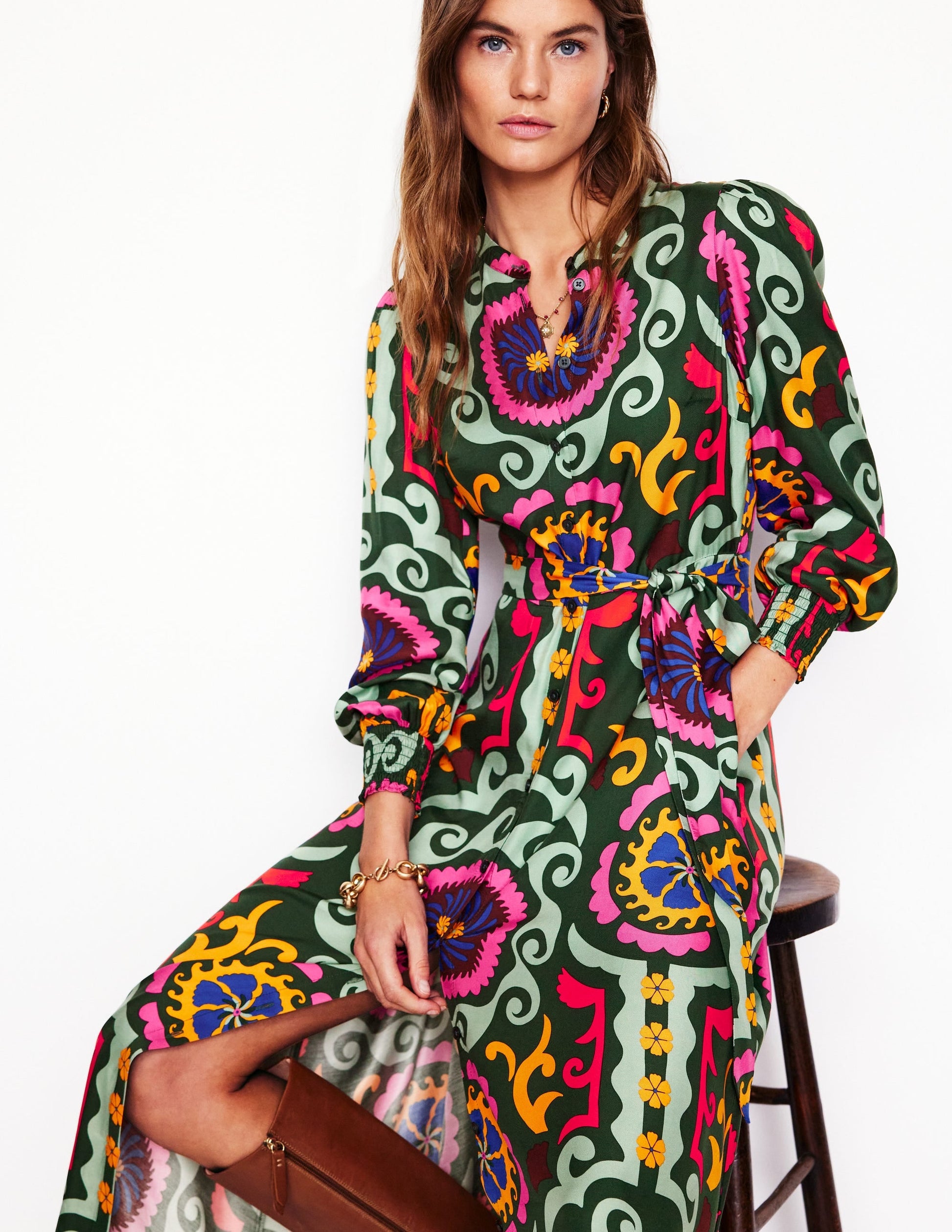 Ruby Collarless Shirt Dress-Green, Ornamental Wave-1