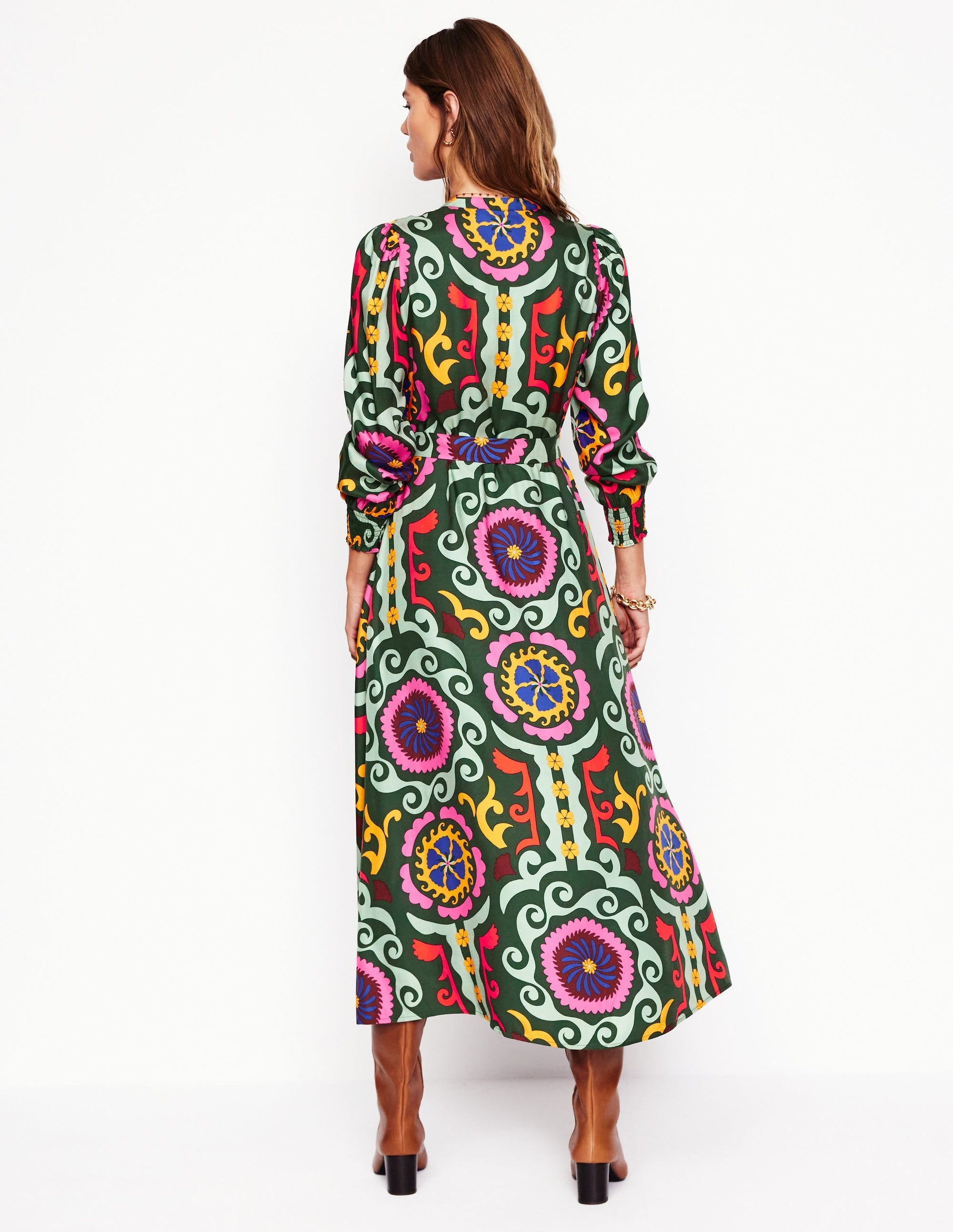 Ruby Collarless Shirt Dress-Green, Ornamental Wave-4