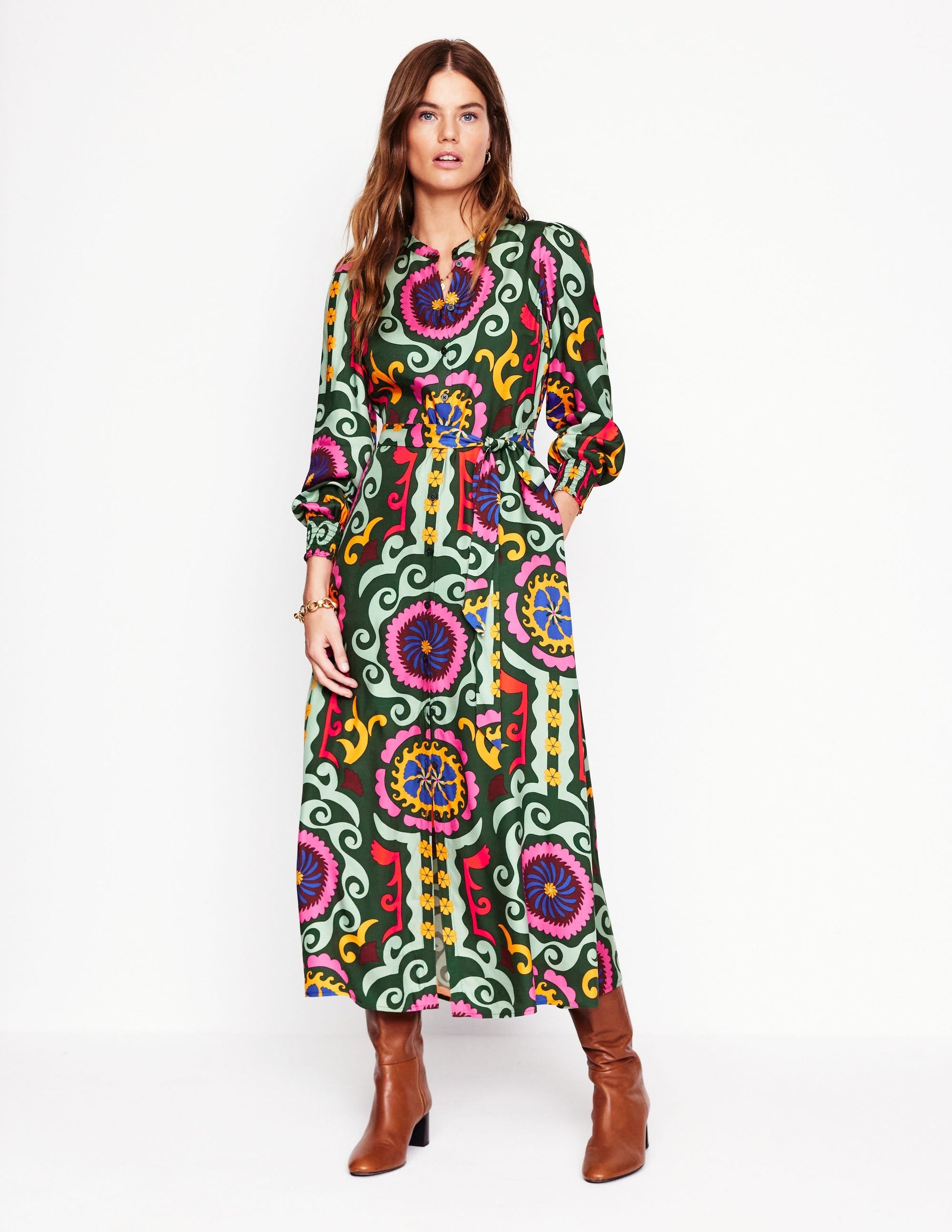 Ruby Collarless Shirt Dress-Green, Ornamental Wave-5
