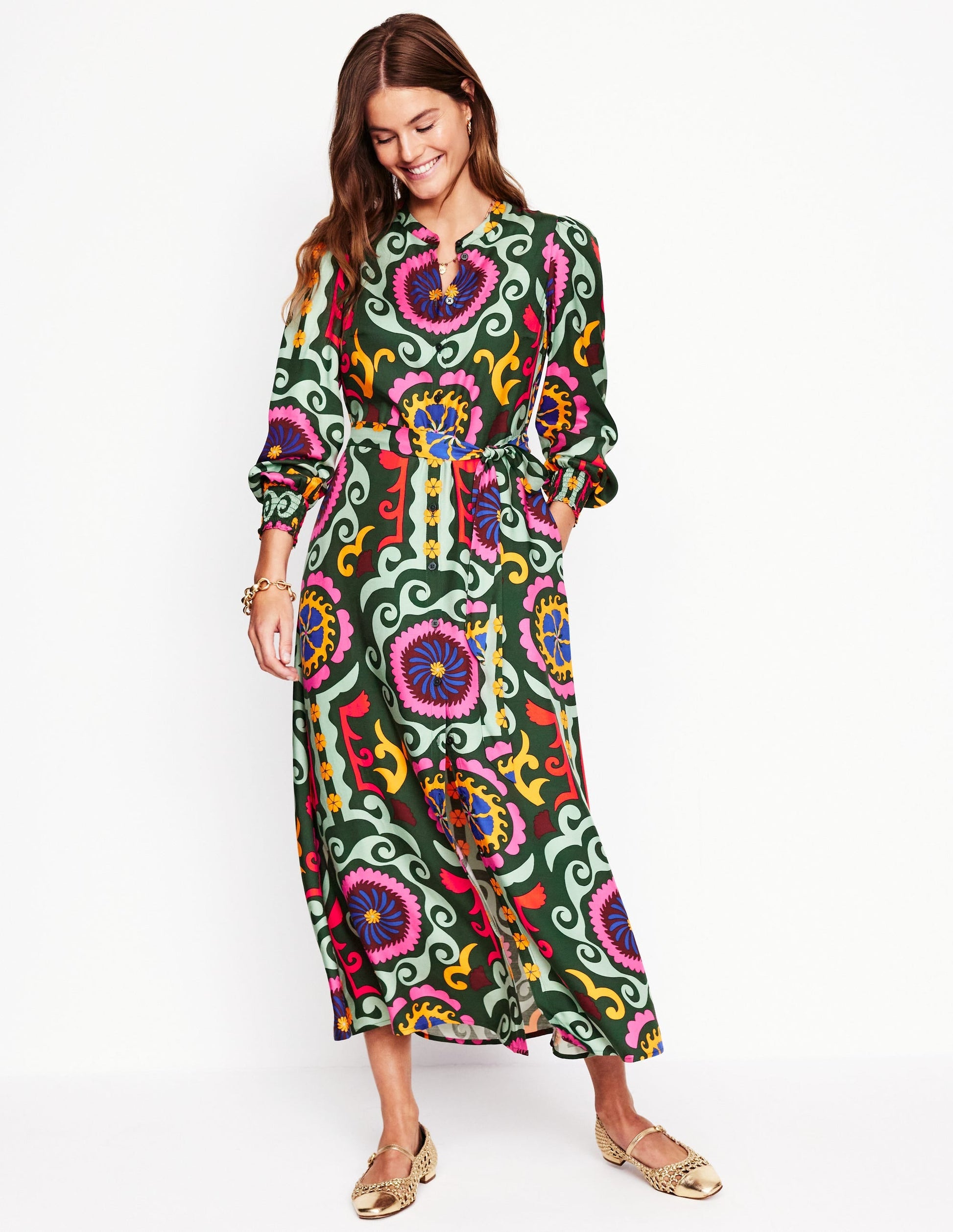 Ruby Collarless Shirt Dress-Green, Ornamental Wave-6