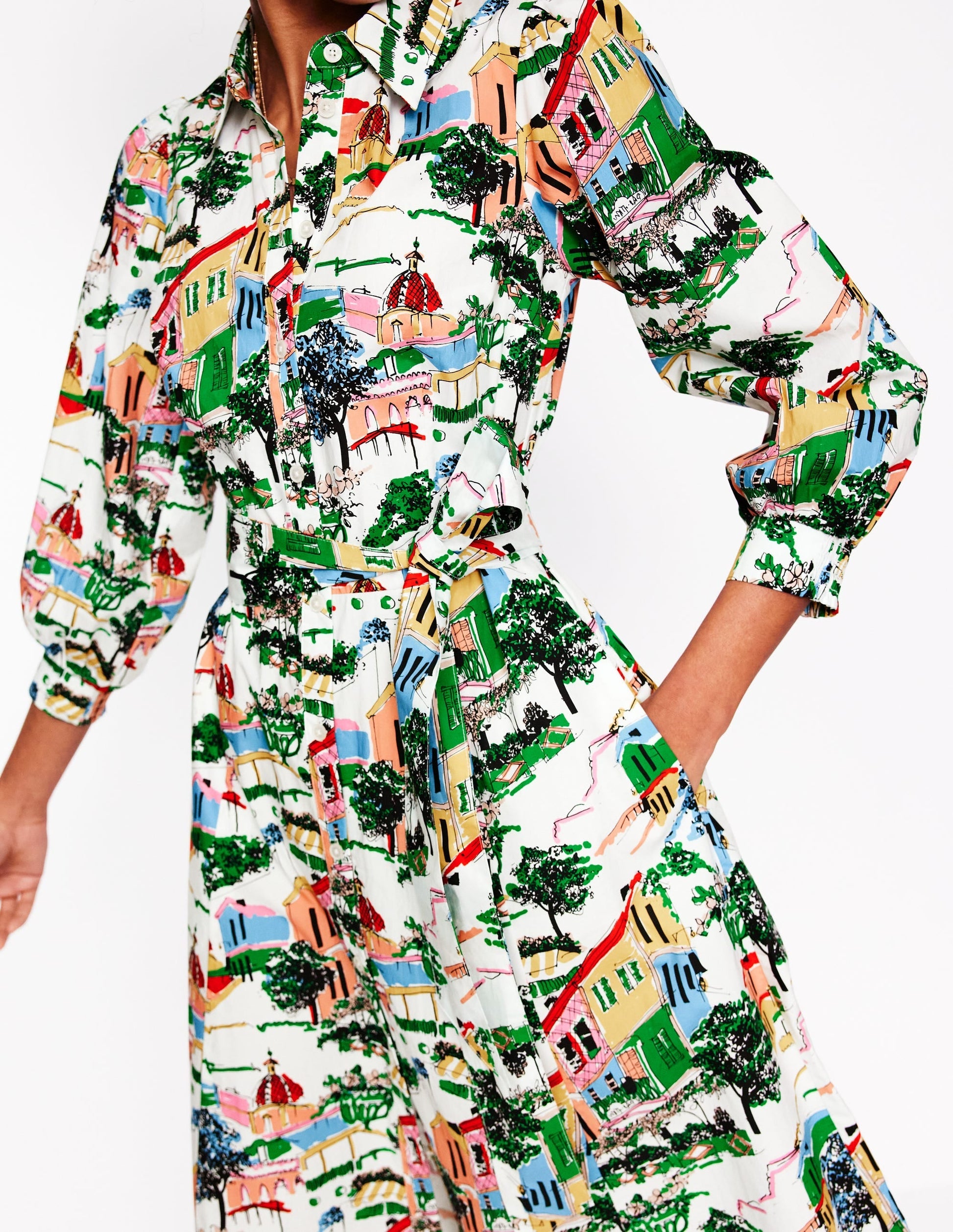 Clara Cotton Shirt Dress-Multi, Painted Village-2