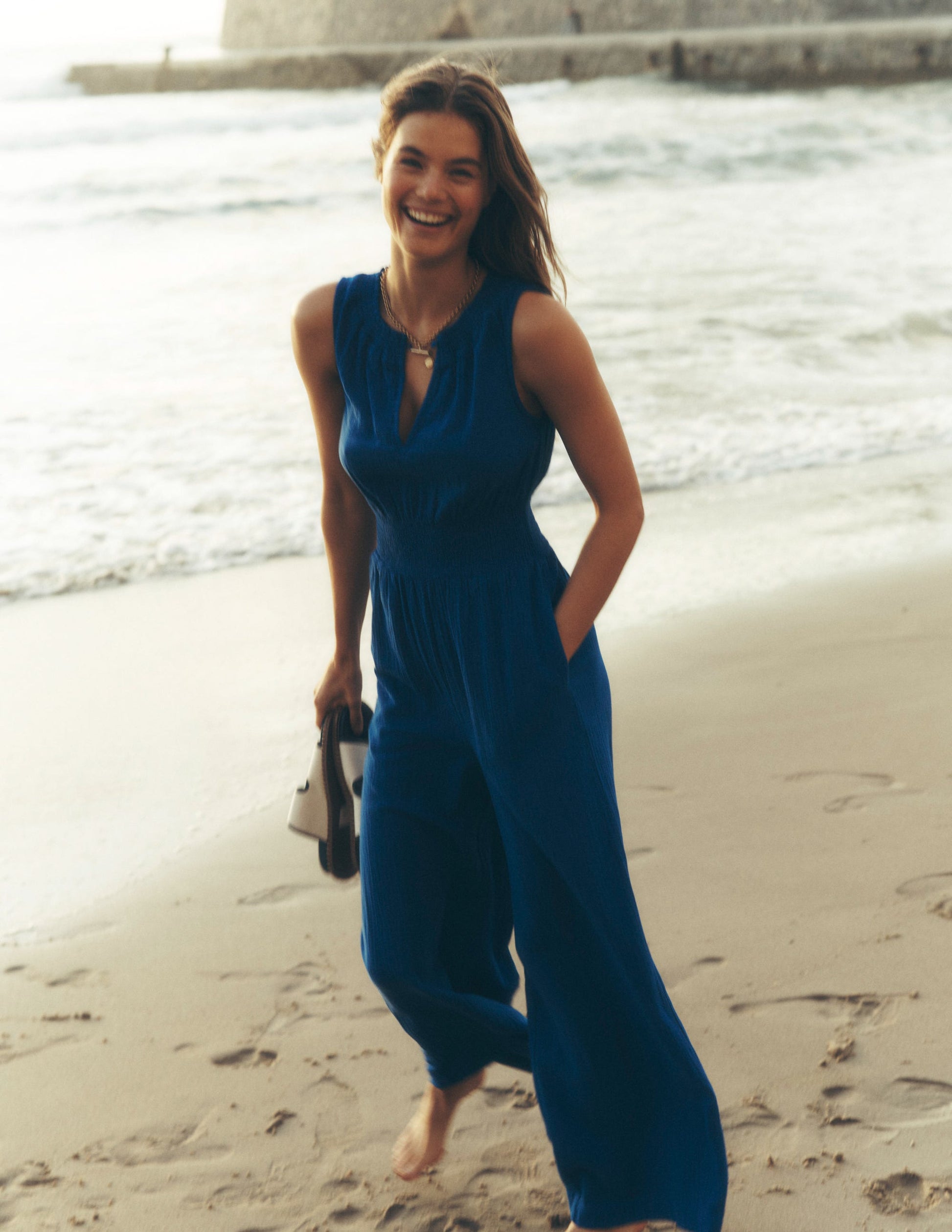 Smocked Double Cloth Jumpsuit-Bright Blue-5