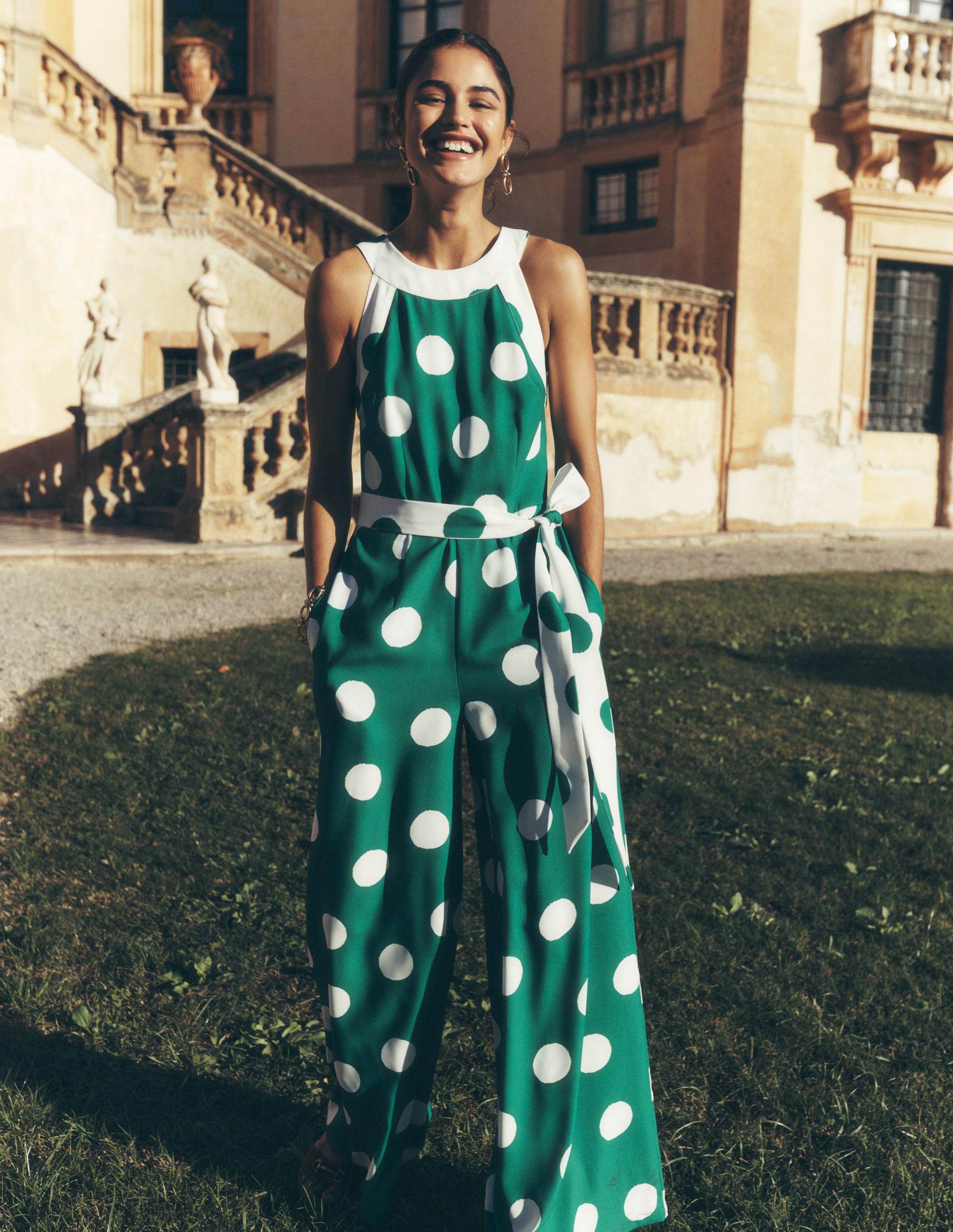 Colourblock Halter Jumpsuit-Rich Emerald, Abstract Dot - Image 1