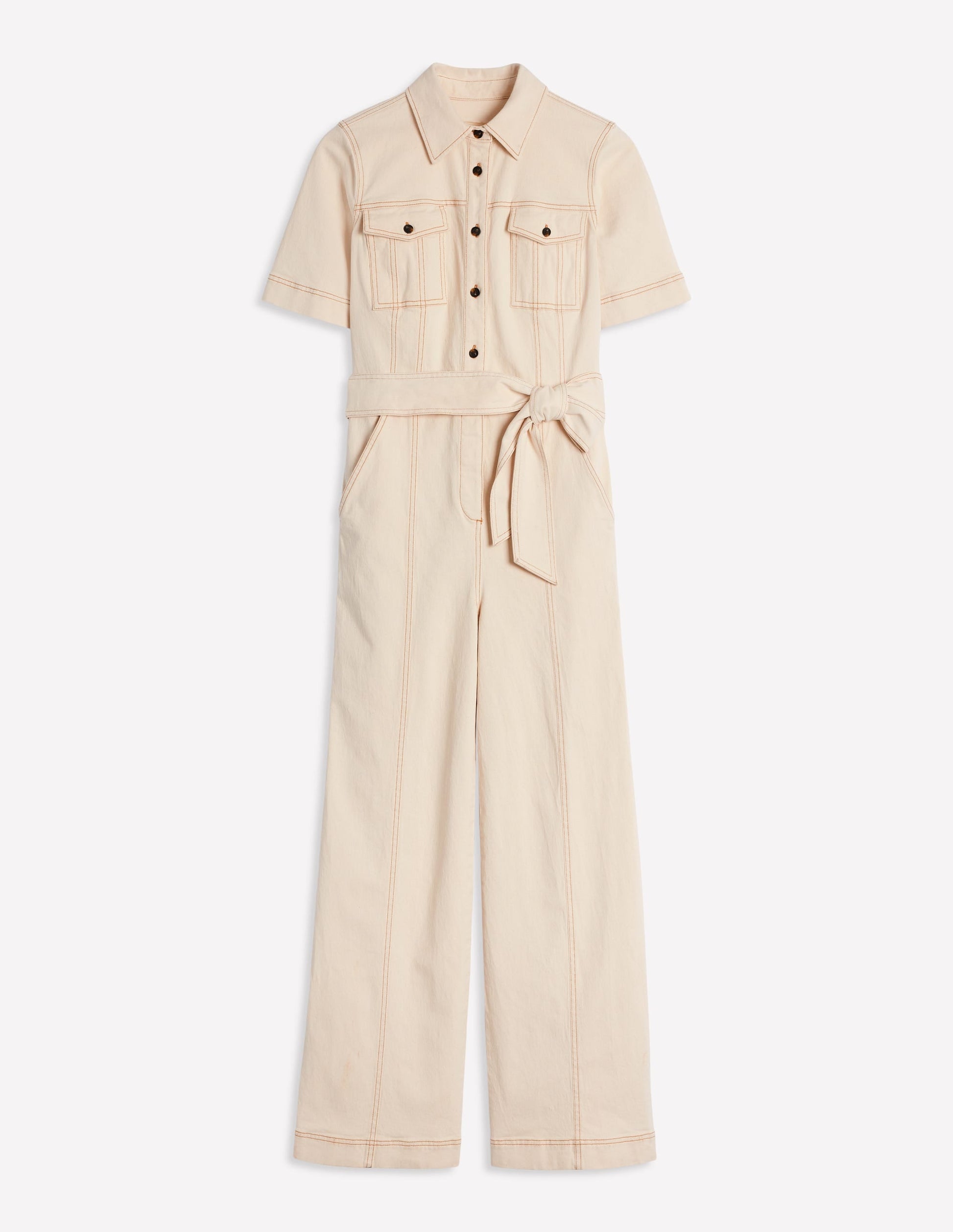 Short Sleeve Denim Jumpsuit-Ecru-2