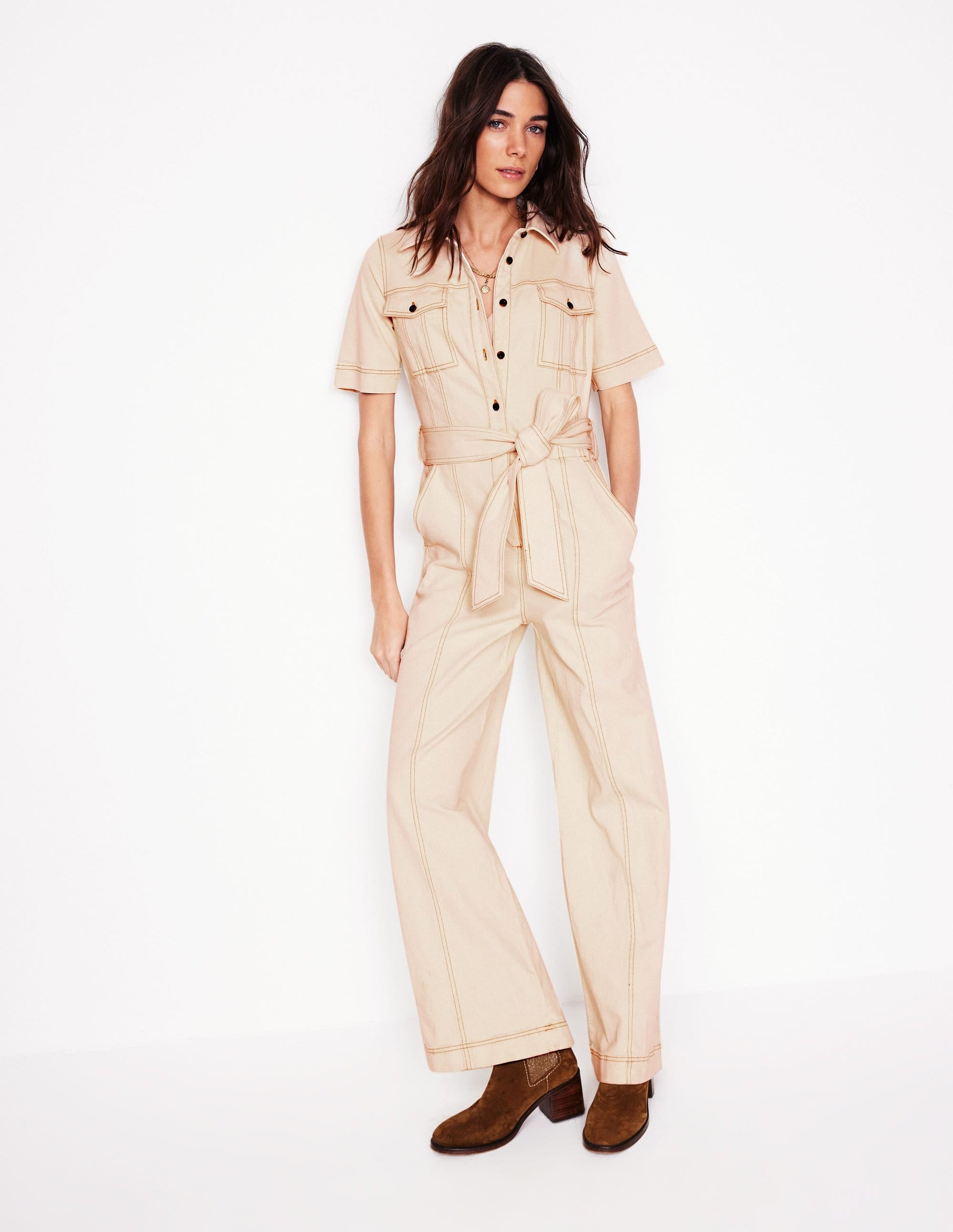 Short Sleeve Denim Jumpsuit-Ecru-3